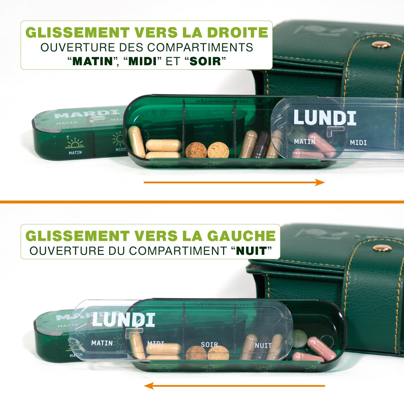 Pilulier Semainier Français | 4 prises par jour : matin, midi, soir, nuit | 28 Compartiments | Sans BPA | Housse similicuir | Qualité Supérieure