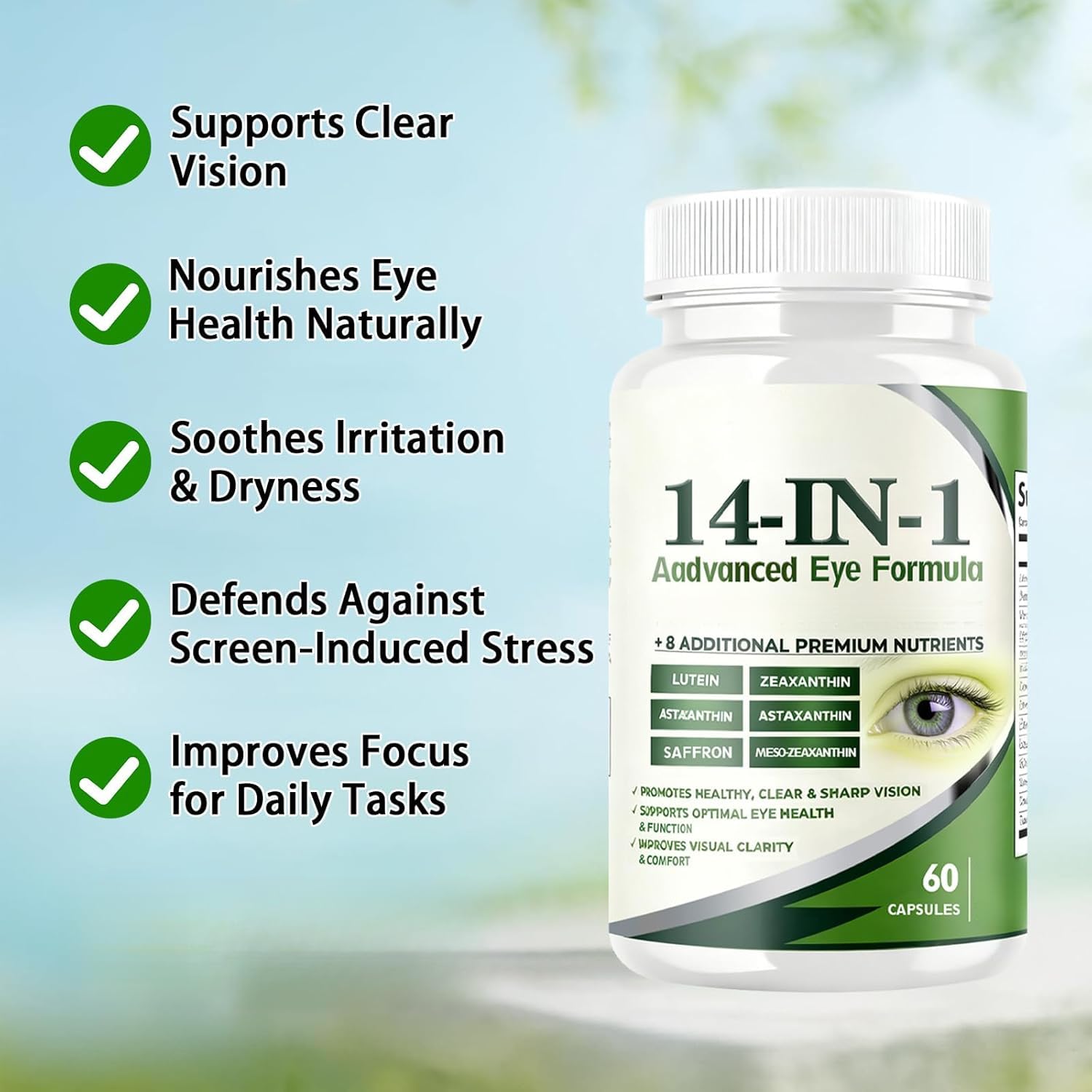 Fórmula avanzada para ojos 14 en 1: vitamina para ojos, promueve la salud ocular, 60 cápsulas