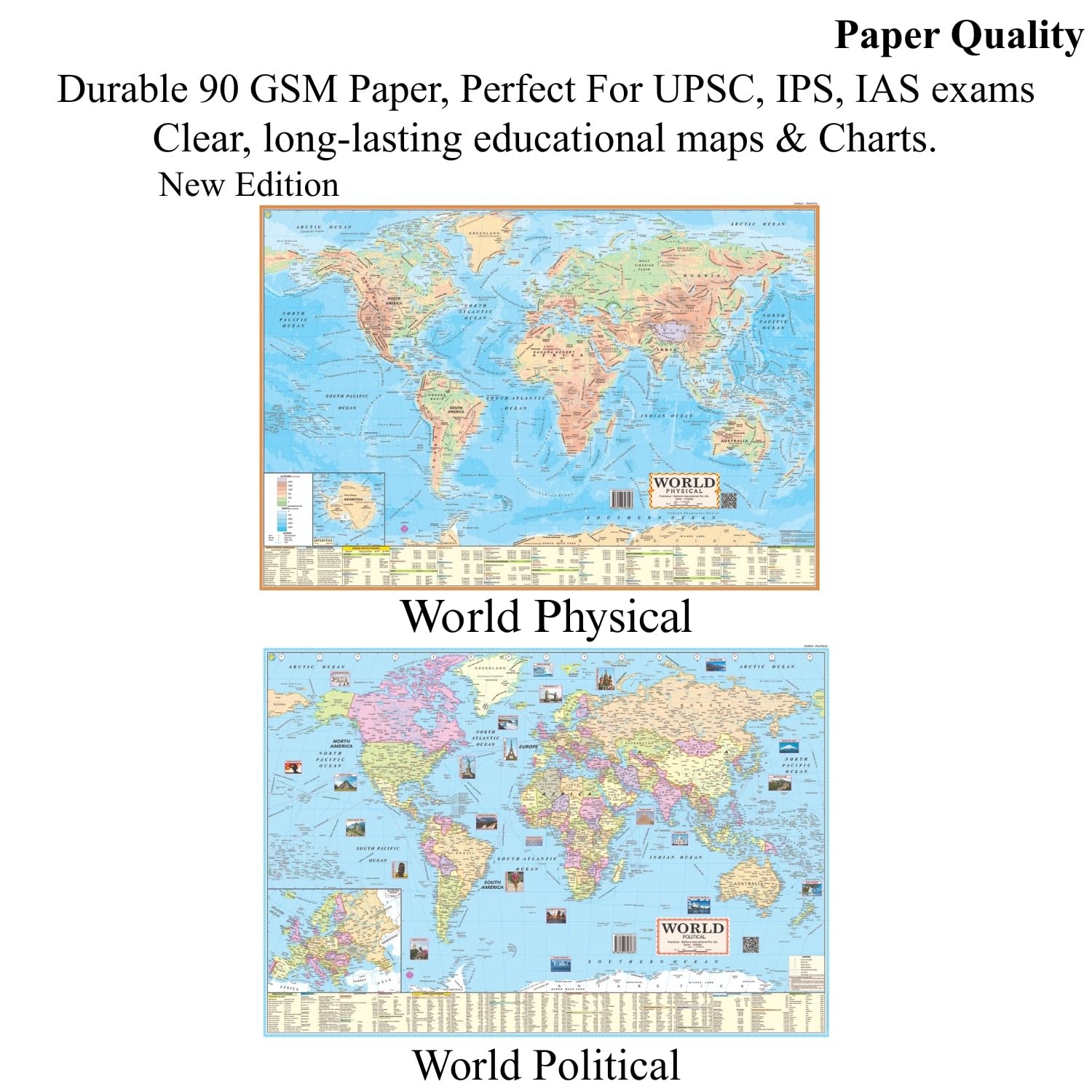 Editone International India & World (Political & Physical) Map for Wall with QR Code | Competitive Exam Preparation for UPSC, IAS, IPS, with Non-Laminated Paper Print In English Medium 2