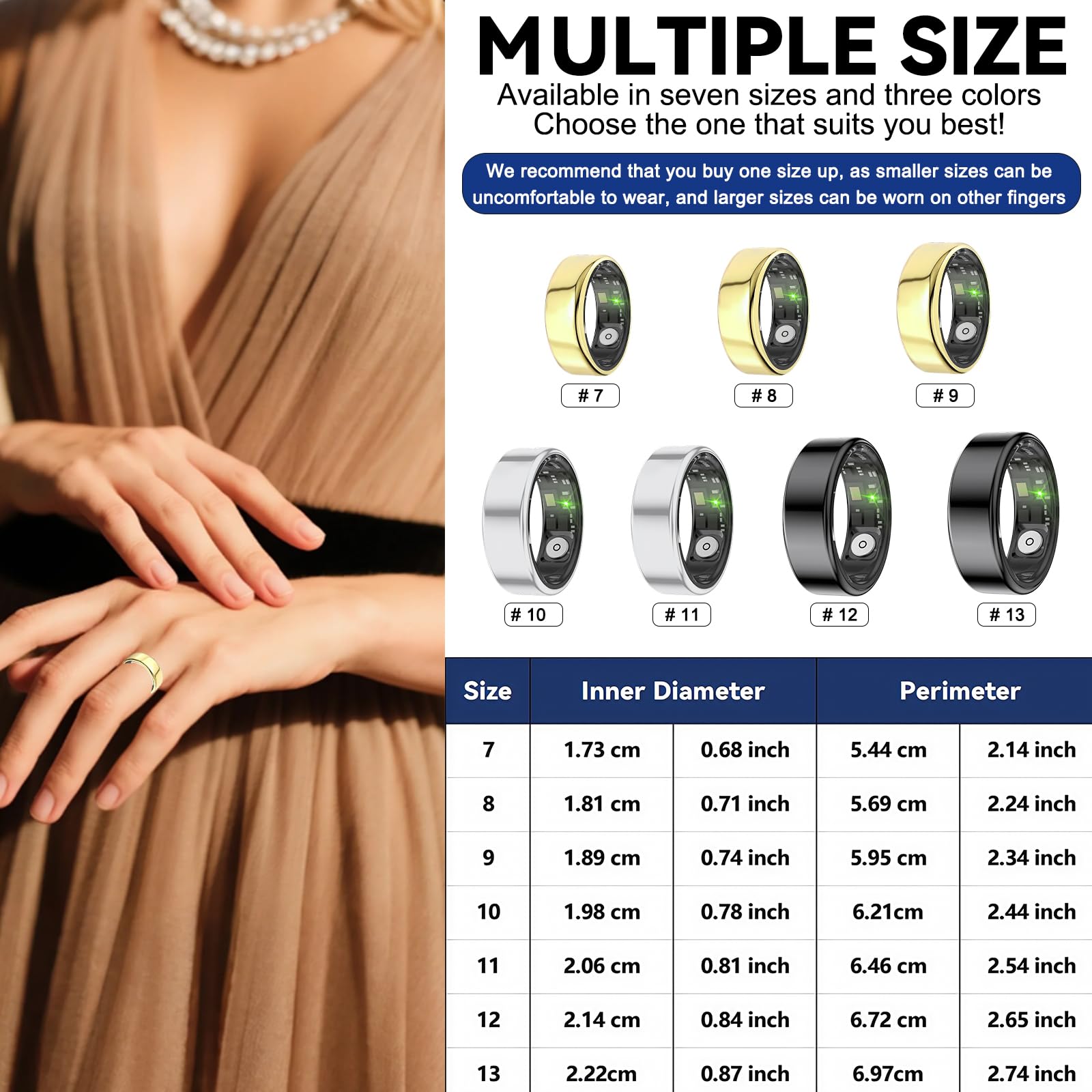 Smart Rings for Women Men,Fitness Tracker Ring,Heart Rate,Blood Oxygen,Blood Pressure,Step Tracker,Sleep Monitoring,No Subscription Fee,IP68 Waterproof FRAY Smart Ring for iPhone&Android(Gold 8)