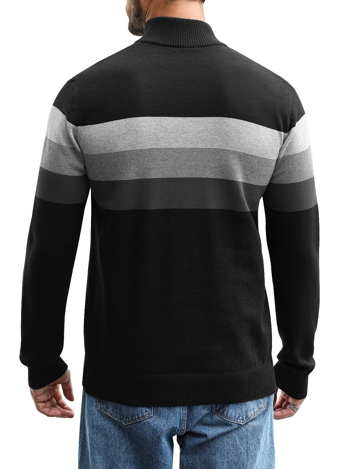 Superora Maglione a Righe da Uomo 100% Cotone Invernale Pullover Manica Lunga Collo Alto con 1/4 Zip