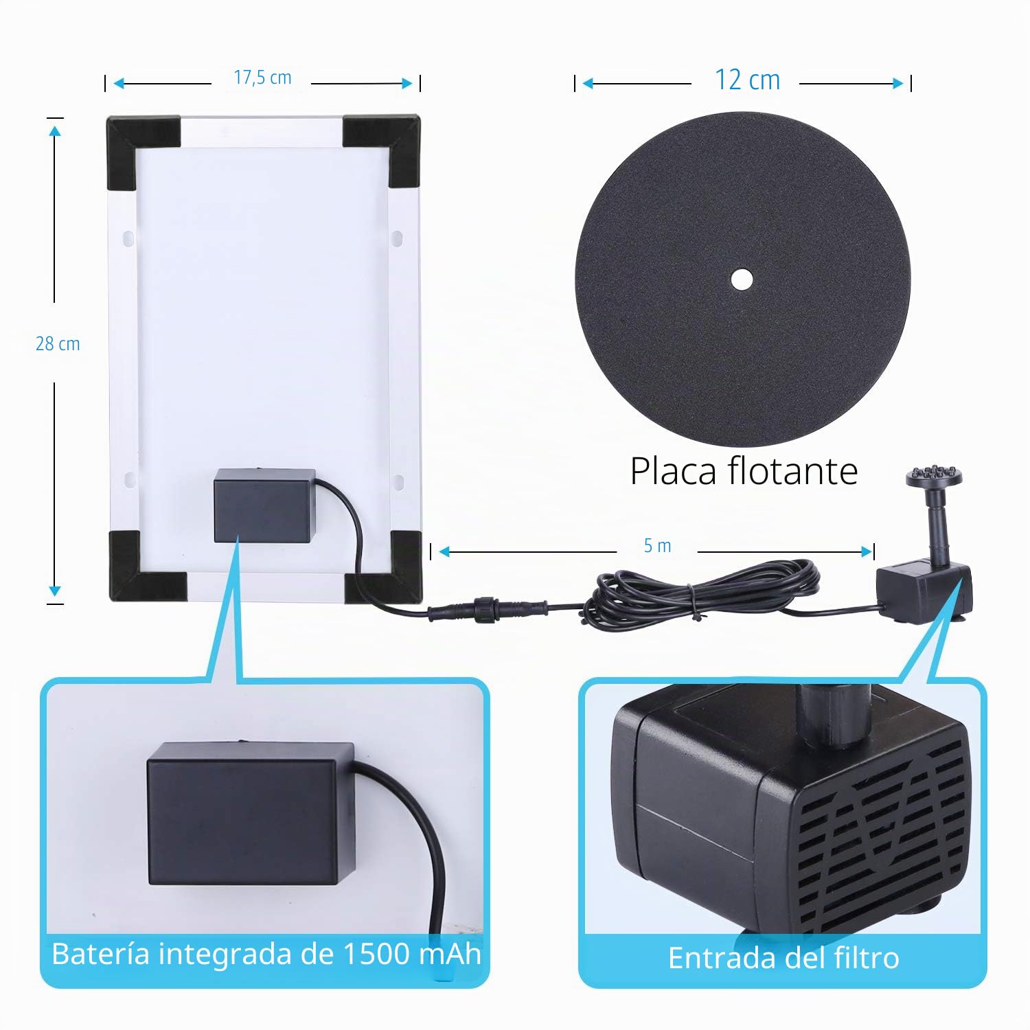 AISITIN Fuente Solar 5,5W Bomba de Fuente Solar Batería Integrada con 6 Boquillas para Baño de Pájaros Estanque Jardín Ciclo del Agua（5,5W）