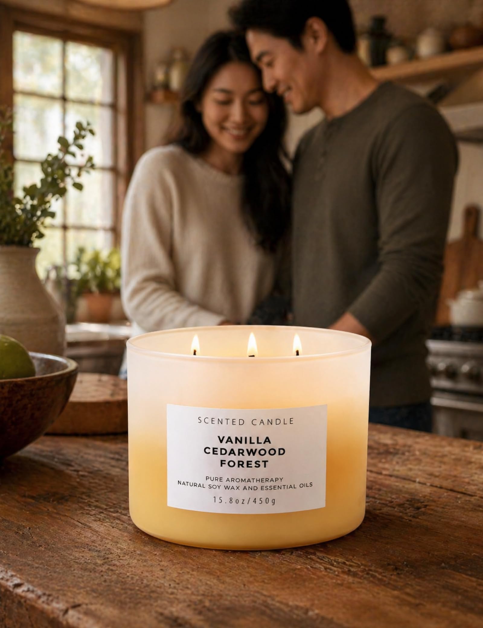 Duftkerze Vanille Zedernholz Waldkerze | 3-Docht große Soja-Kerzen 450 ml | Aromatherapie-Vanille-Kerze für Damen und Herren | warmer, holziger, gemütlicher Duft für Zuhause | langanhaltende, saubere
