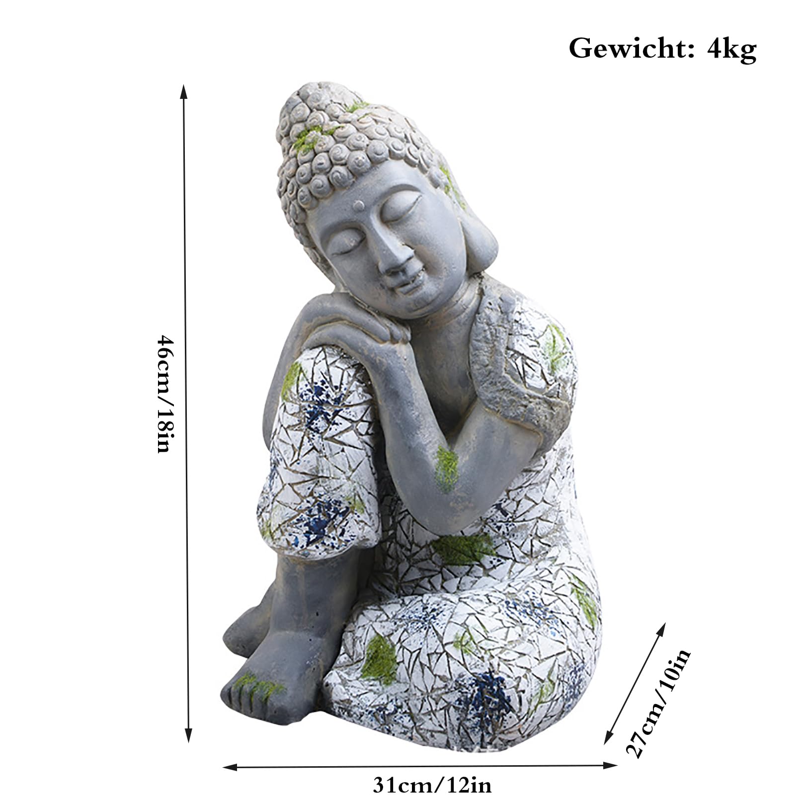 Buddha Figur groß 46 cm/4 kg Zen gartendeko für draußen wetterfest für Gartenliebhaber Geschenke,Magnesiumoxid,Grau
