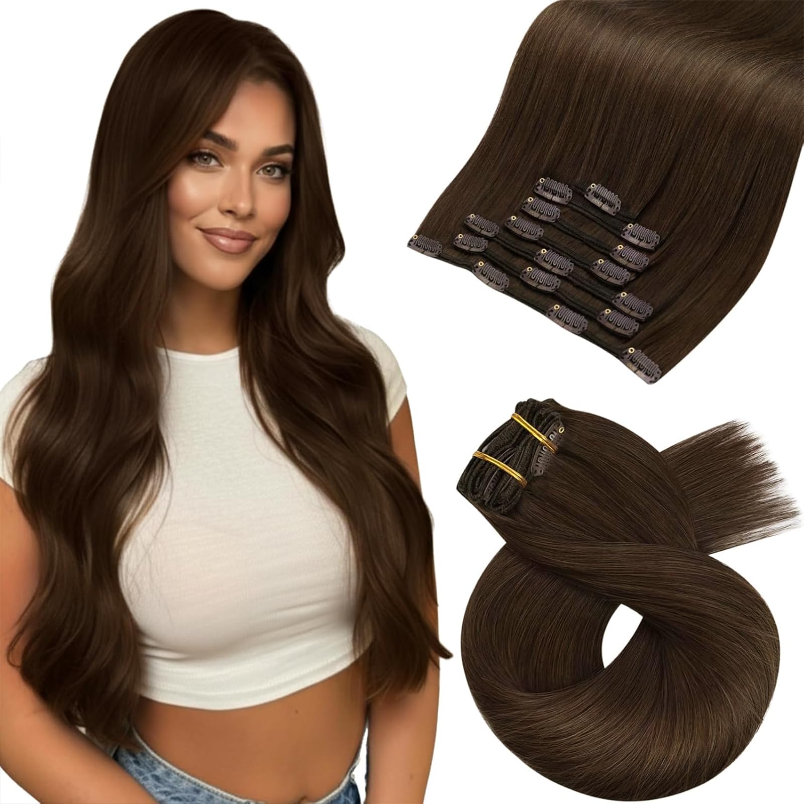 Moresoo Human Hair Extensions Clip in Real Hair Ash Blonde with Bleached Blonde Clip in Hair Extensions Remy Human Mid-length Hair Layered Add Volume 14 Inch 5pcs/80g #P18/613 — view 84