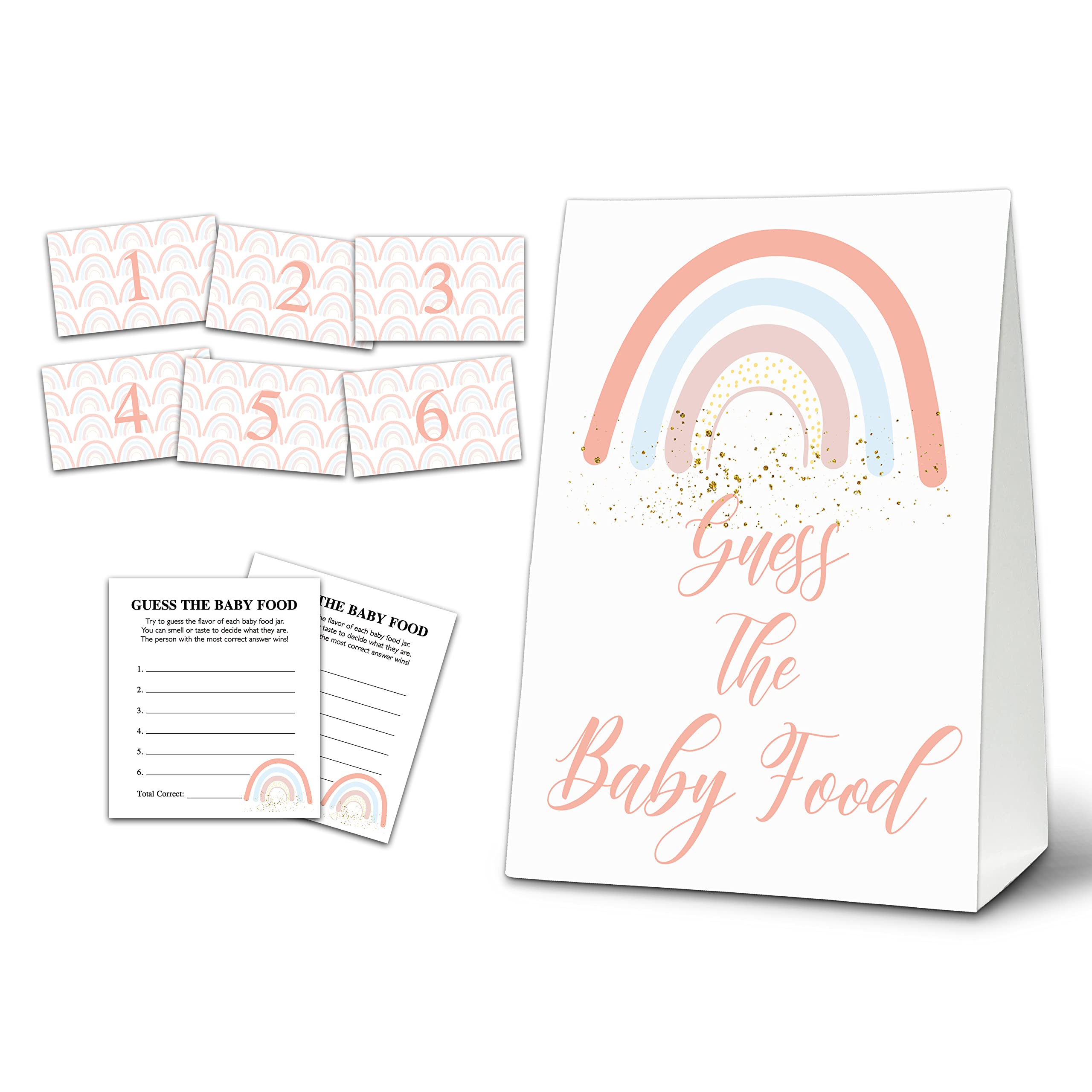 Guess the Baby Food Party Games, Boho Rainbow Baby Shower Game, Gold Foil Name the Baby Food Game Set (1 Standing Sign + 20 Answer Cards + 6 Number Cards), Baby Shower Party Supplies - A01