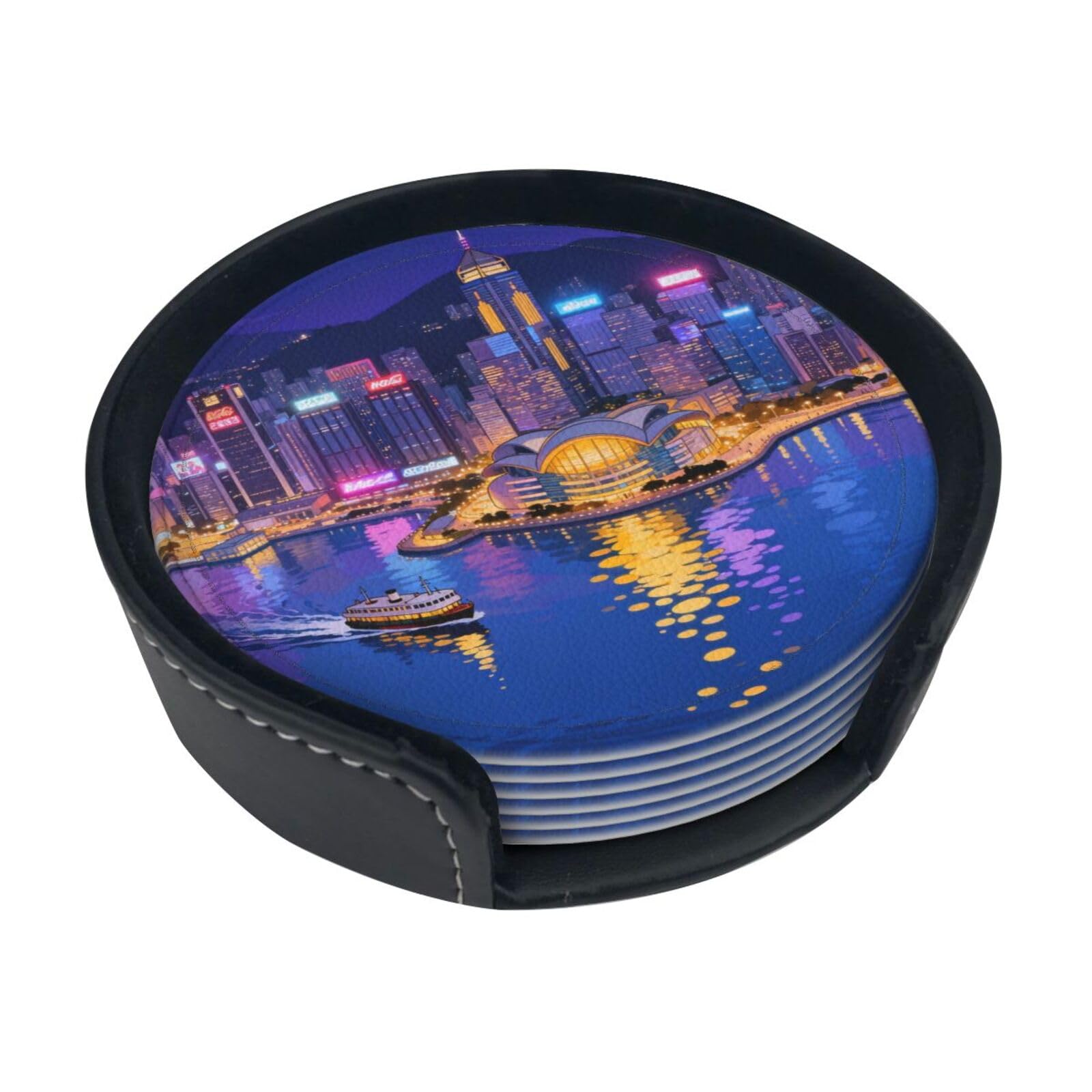 HongKong night Leather Coasters-Set of 6 with Storage Holder