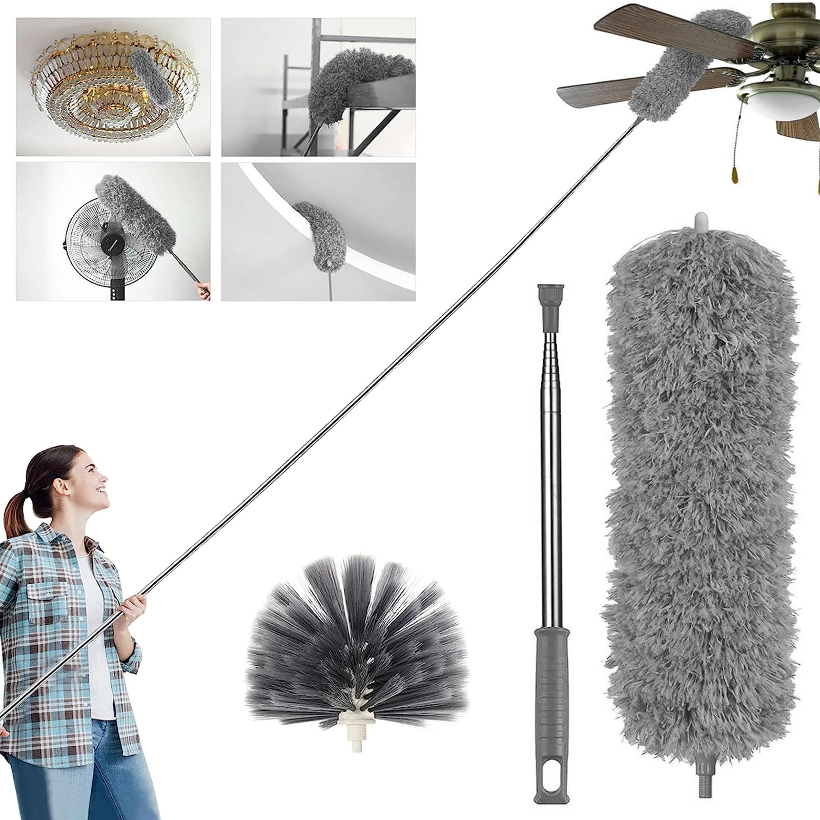 Necomi Feather Duster, ® Duster with Extra Long Extension Pole, Microfiber & Domed Cobweb Double Replacement Heads Extendable Dusters, Scratch Resistant for Cleaning High Ceiling Fan, Cars