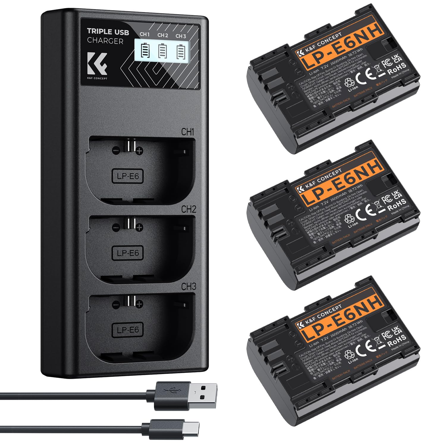 K&F CONCEPT 3-Pack LP-E6NH Batterie et Chargeur Compatible Canon EOS R7 R6 R5 2600mAh