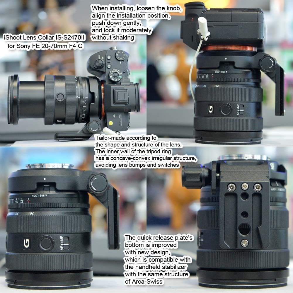 iShoot Anillo de montaje para trípode compatible con Sony FE 24-70 mm f/2.8 GM II, FE 16-35 mm F2.8 GM II, FE 20-70 mm F4 G, soporte de placa de liberación rápida inferior Arca-Swiss Fit trípode