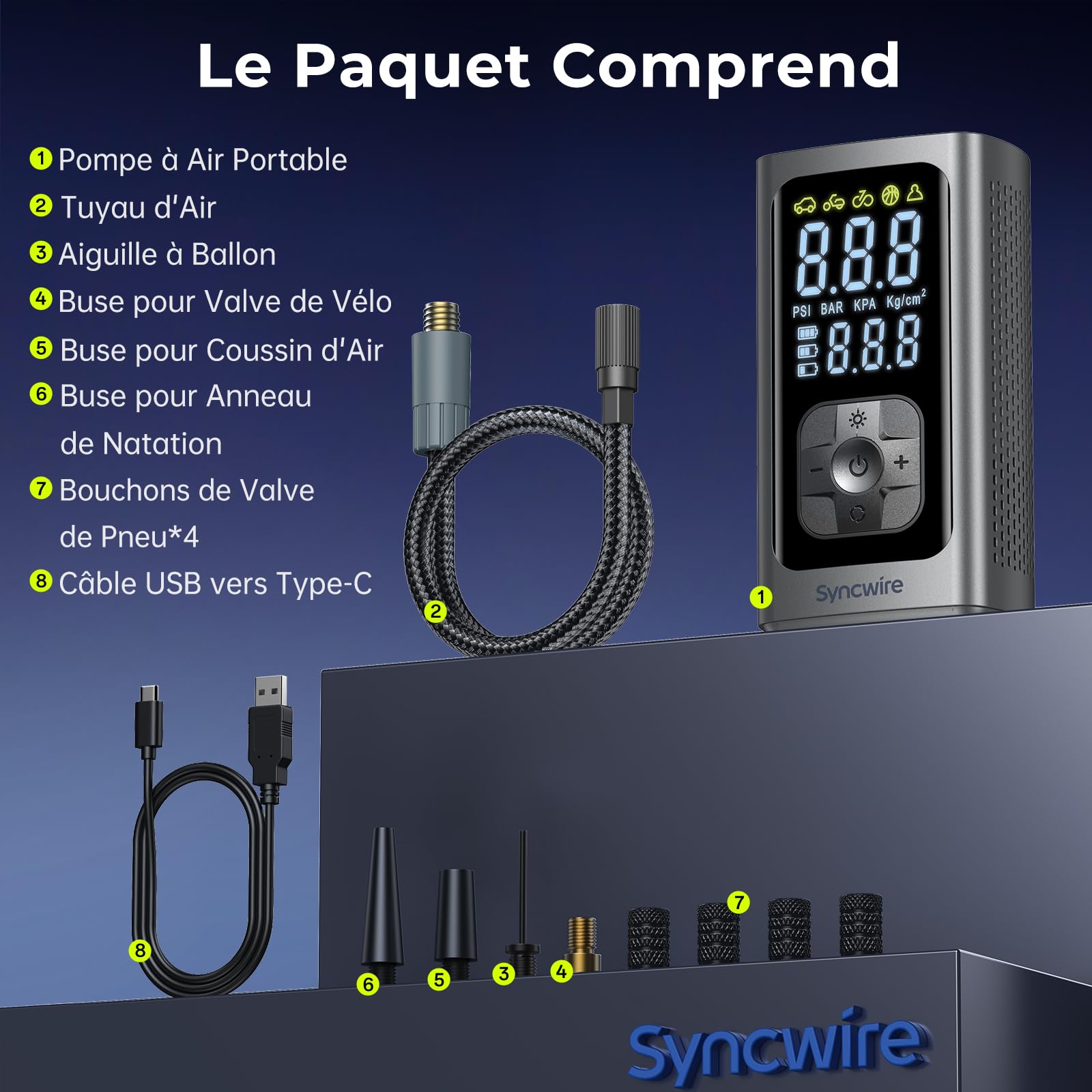 Syncwire Compresseur à Air Portatif - 10.35Bar Rapide Pompe à Air à Gonflage Pompe Gonfleur Pneus Voiture Car Inflator pour Voiture, Vélos, Motos, Balles, avec Bouchons de Valve de Pneu, Grand LCD