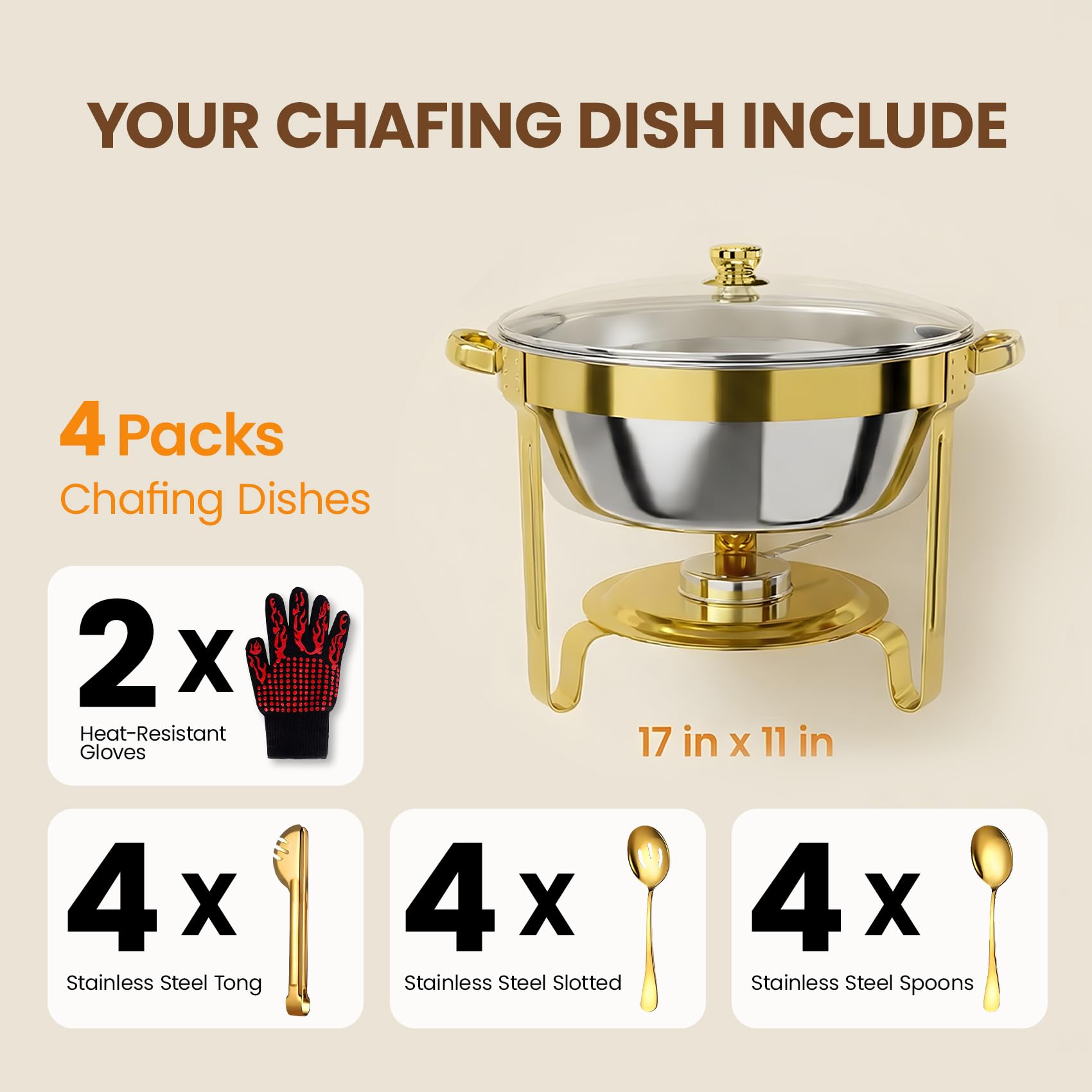 Juego de 4 platos dorados de 7 cuartos de galón para bufé, servidores redondos y calentadores de buffet con 4 cucharas, 4 cucharas ranuradas, 4 pinzas, 2 guantes, esponjas y calentadores de buffet