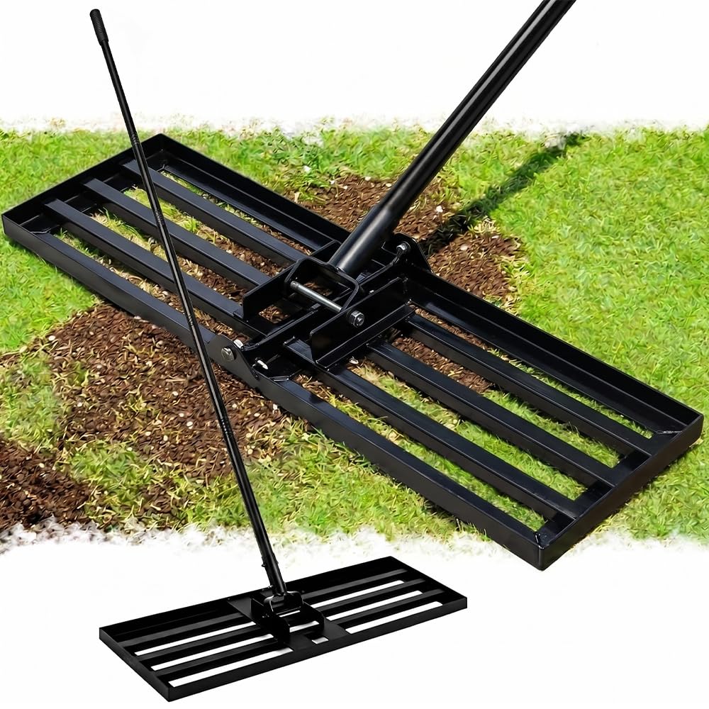 Lawn Levelling Rake, 198cm Adjustable Long Handle Lawn Leveler Tool, 75x25cm Heavy Duty Anti-Rust Coated Steel Lawn Lute for Garden, Yard & Golf Course, Includes Assembly Tools for Soil Sand Dirt