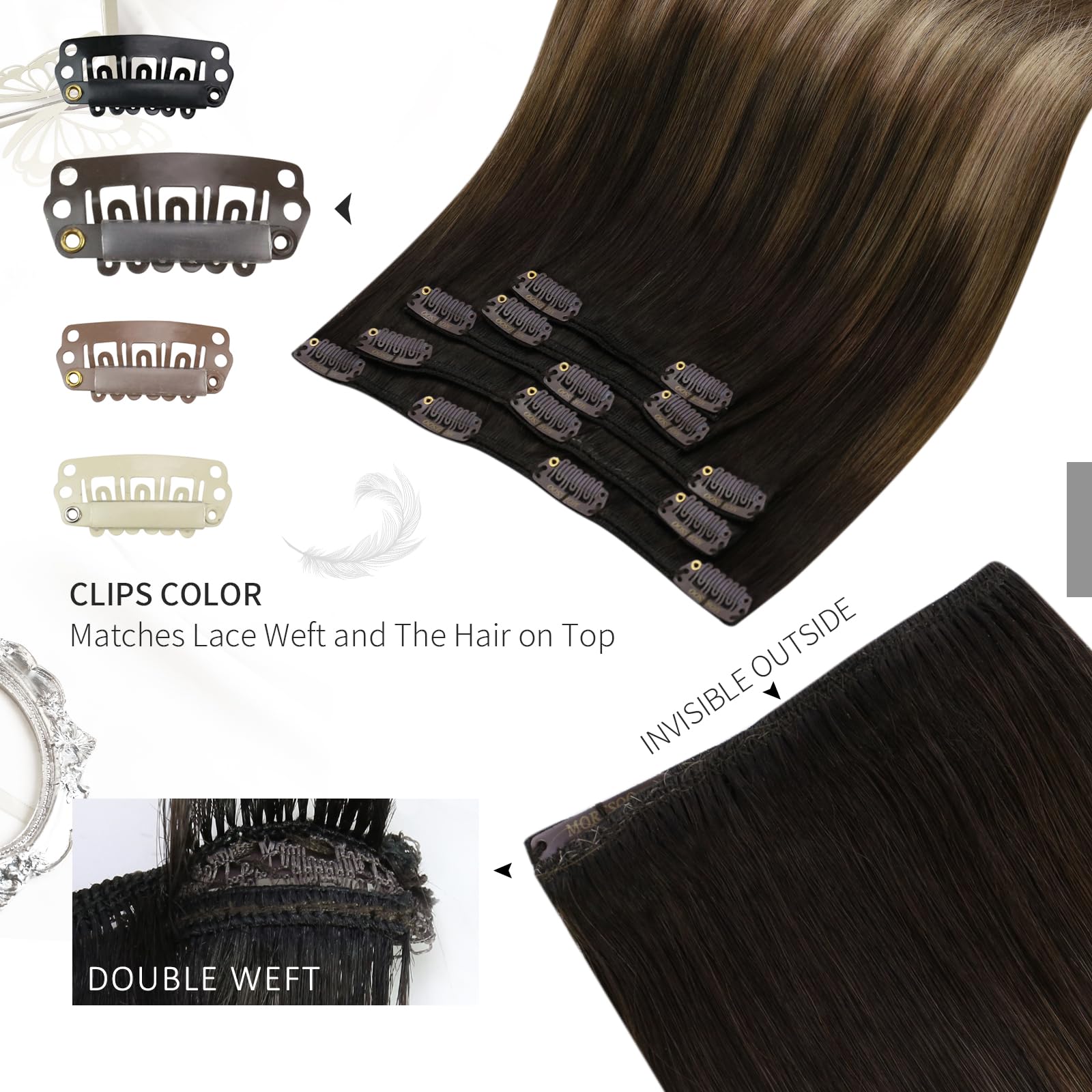 Moresoo Brown Clip in Hair Extensions Balayage 16 Inch Ombre Golden Brown with Honey Blonde Hair Extensions Clip in Real Human Hair 80g 5 Pieces Straight Hair #4/10/16 - Image 4