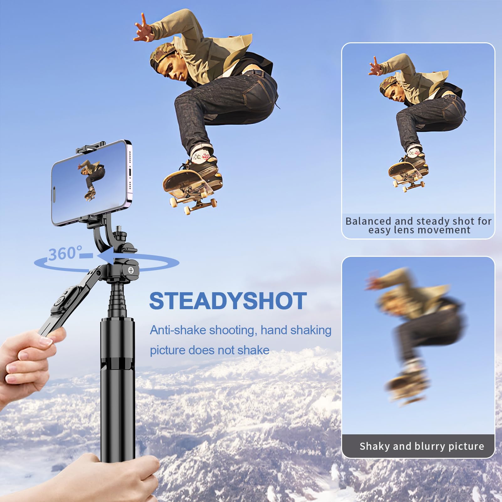 Treppiede per Selfie Stick, Selfie Stick Estensibile 3 in 1 in Alluminio con Telecomando Wireless, Treppiede per Telefono Cellulare Aggiornato con Testa a Sfera a 360° per