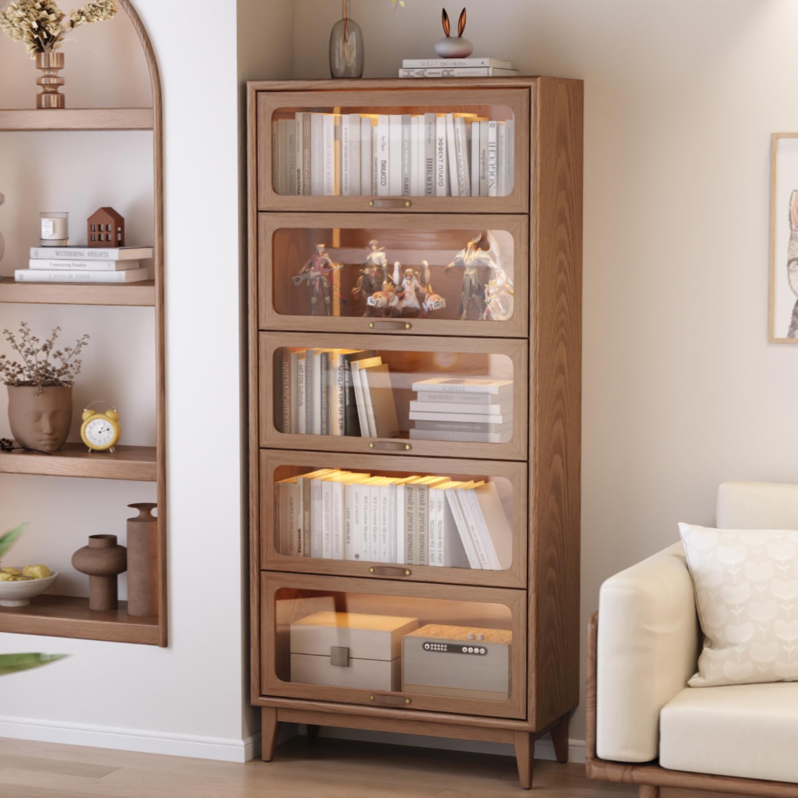 AQIMUELE 5 Tier Wood Bookcase Cabinet with Glass Doors 72 inch, Display Bookshelf,Kitchen Pantry Display Cabinet, Brown Finish Cube Storage Organizer Stand,Save Space for Home Office(No Light Strip)