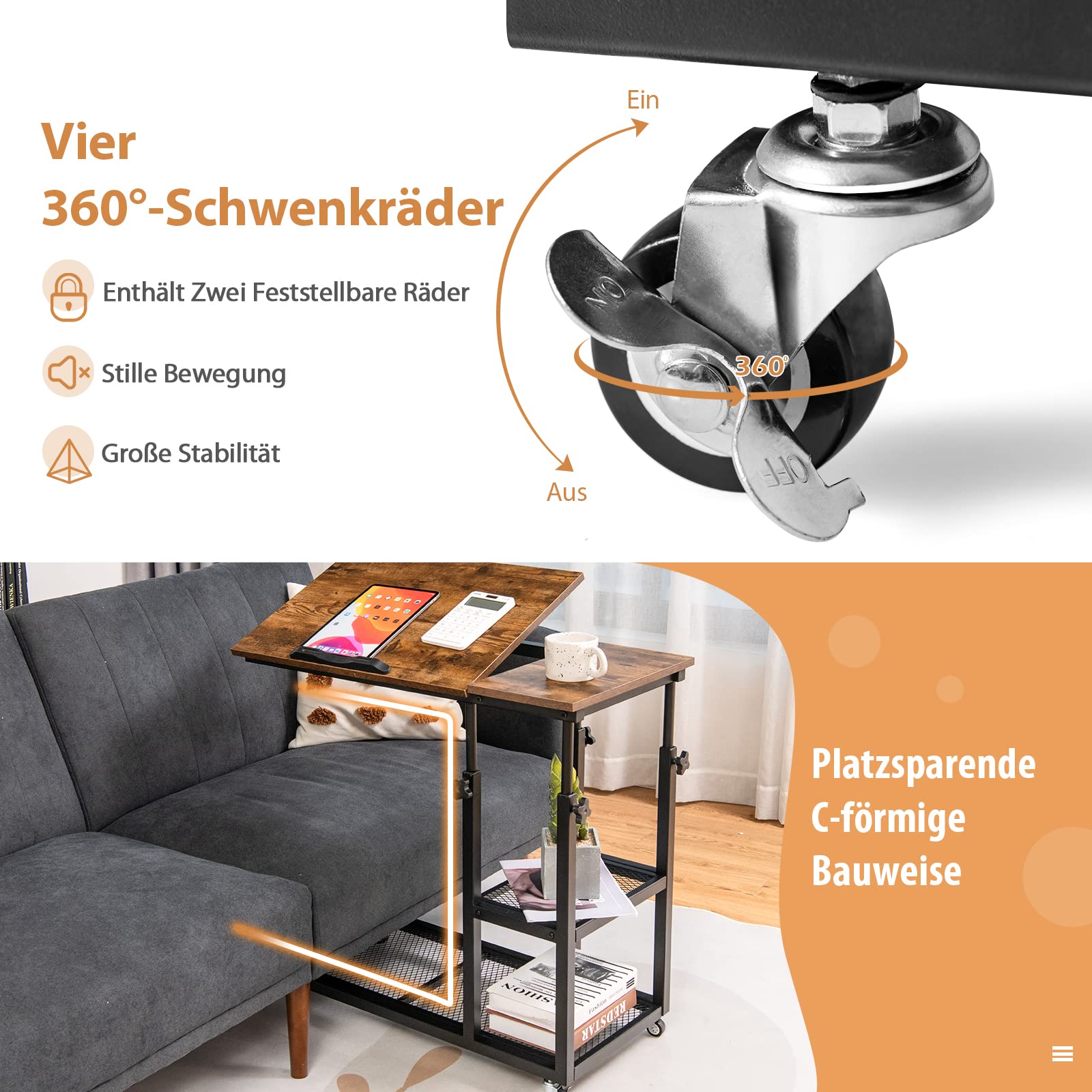 COSTWAY Pflegetisch höhenverstellbar mit Rollen, Betttisch mit kippbarer Tischplatte, Kantenschutz und Ablage, Krankentisch, Beistelltisch für Wohnzimmer, Schlafzimmer, 80 x 40 cm (Vintage)