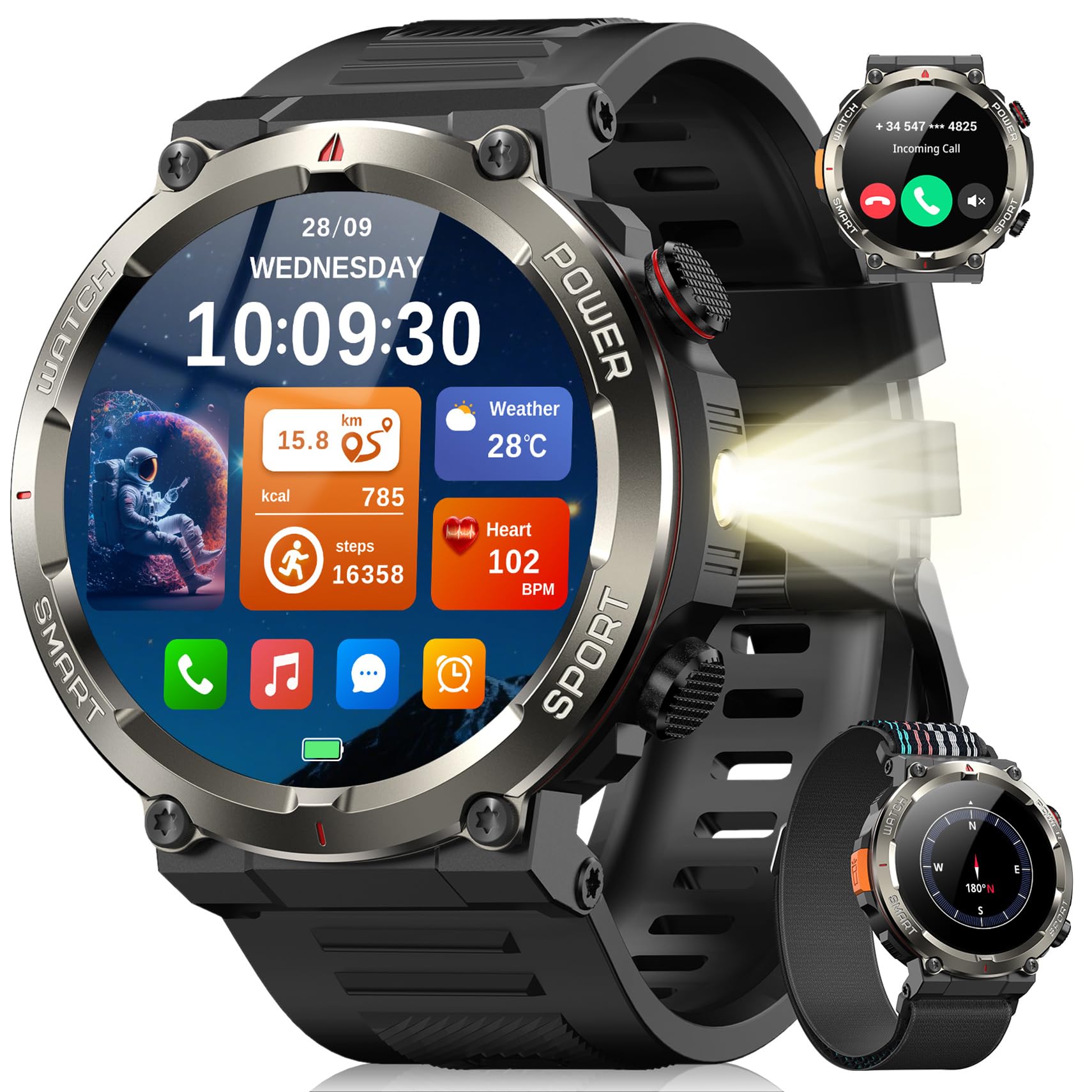 Blackview Smartwatch Herren mit 900mAh, Bluetooth-Anrufe/Kompass/LED-Beleuchtung/2 Armbänder (Silikon/Nylon), Sportuhr mit Puls-Schlaf-Schritte-Kalorien-Kilometer-Monitor, Fitnessuhr für Android iOS