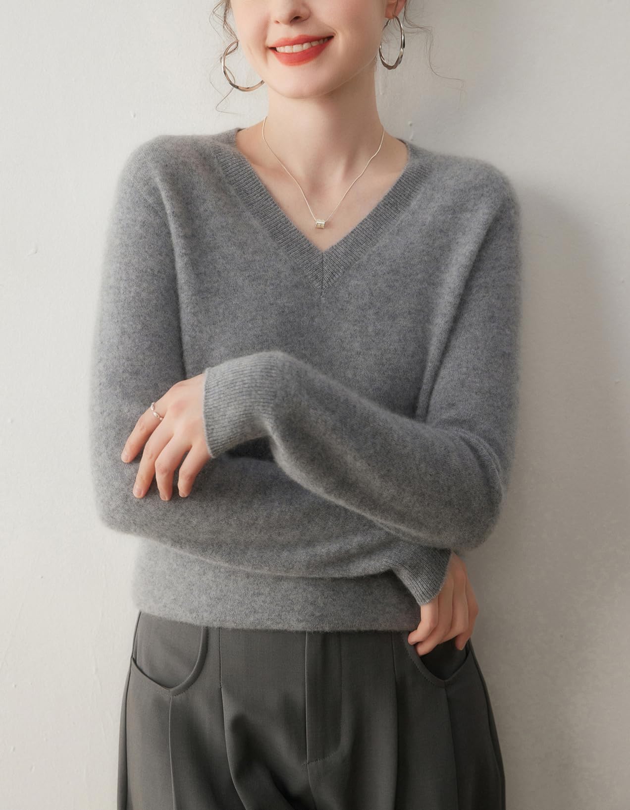 DISSA Pull Femme Col V Manches Longues Cachemire Laine,MA9005