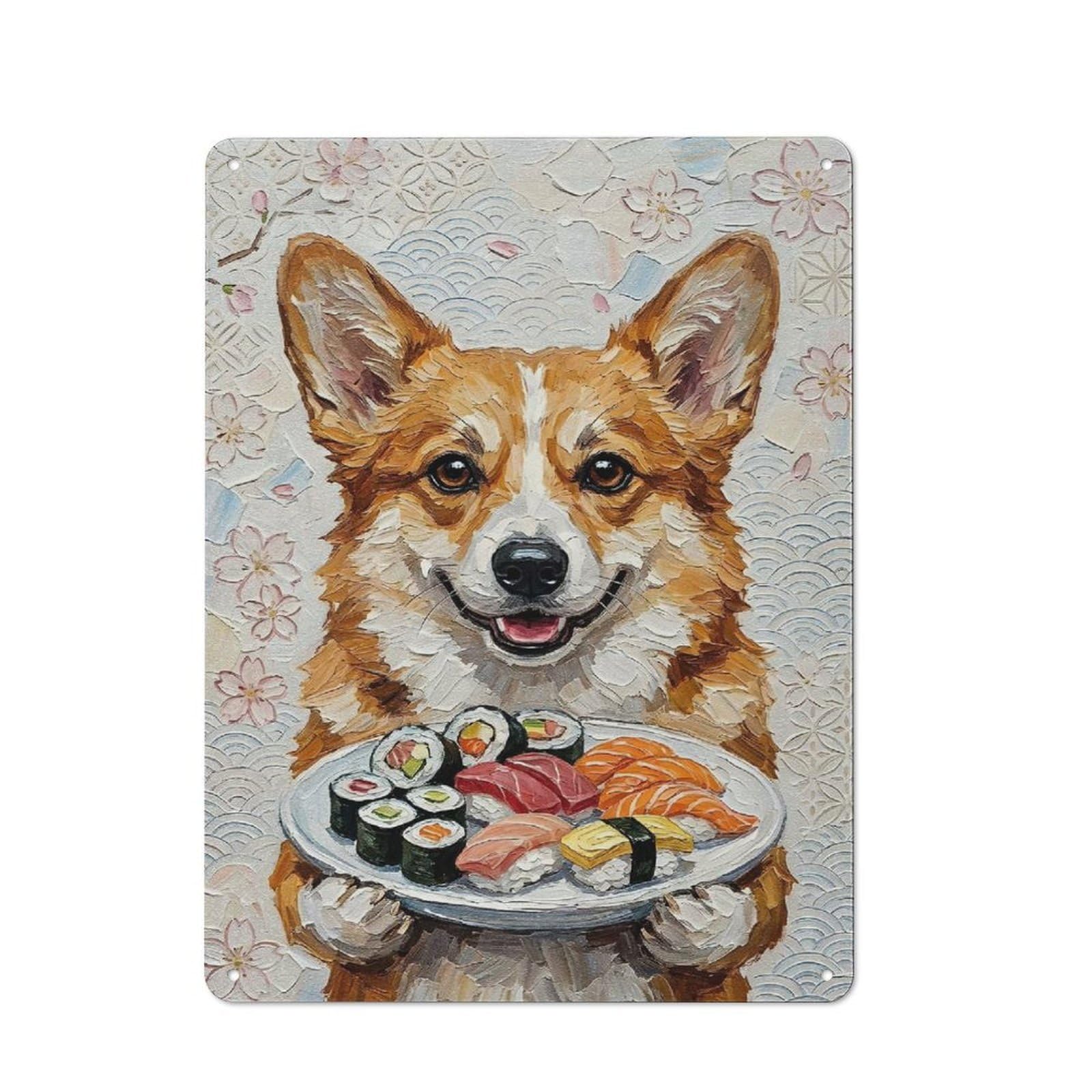 Junmoney Style-19 Corgi With Sushi Painting Printed Metal Sign 40X30cm For Living Room Wall, For Kitchen, Dining Room And Home Bar Wall Decor
