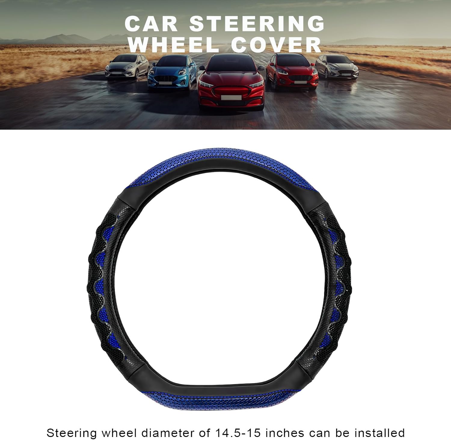Car Steering Wheel Cover, 15 Inch Leather D-Shaped Steering Wheel Protector with 3D Honeycomb Comfy Grip, Breathable Anti-Slip Steering Wheel Cover for Most Car, SUV, Truck (Blue) - Image 2