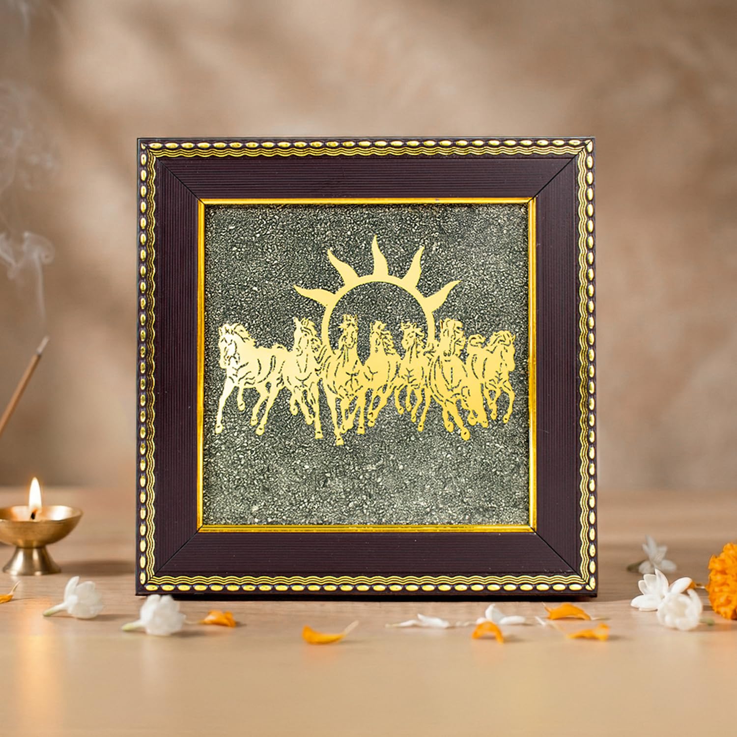 Astrotalk 7 Horses on Raw Pyrite Frame | 7 Horses Wall Decor for Success & Fame | Pyrite Stone Frame for Money Attraction | Gift for Man & Woman | 19x19x1 cm | 1 Piece