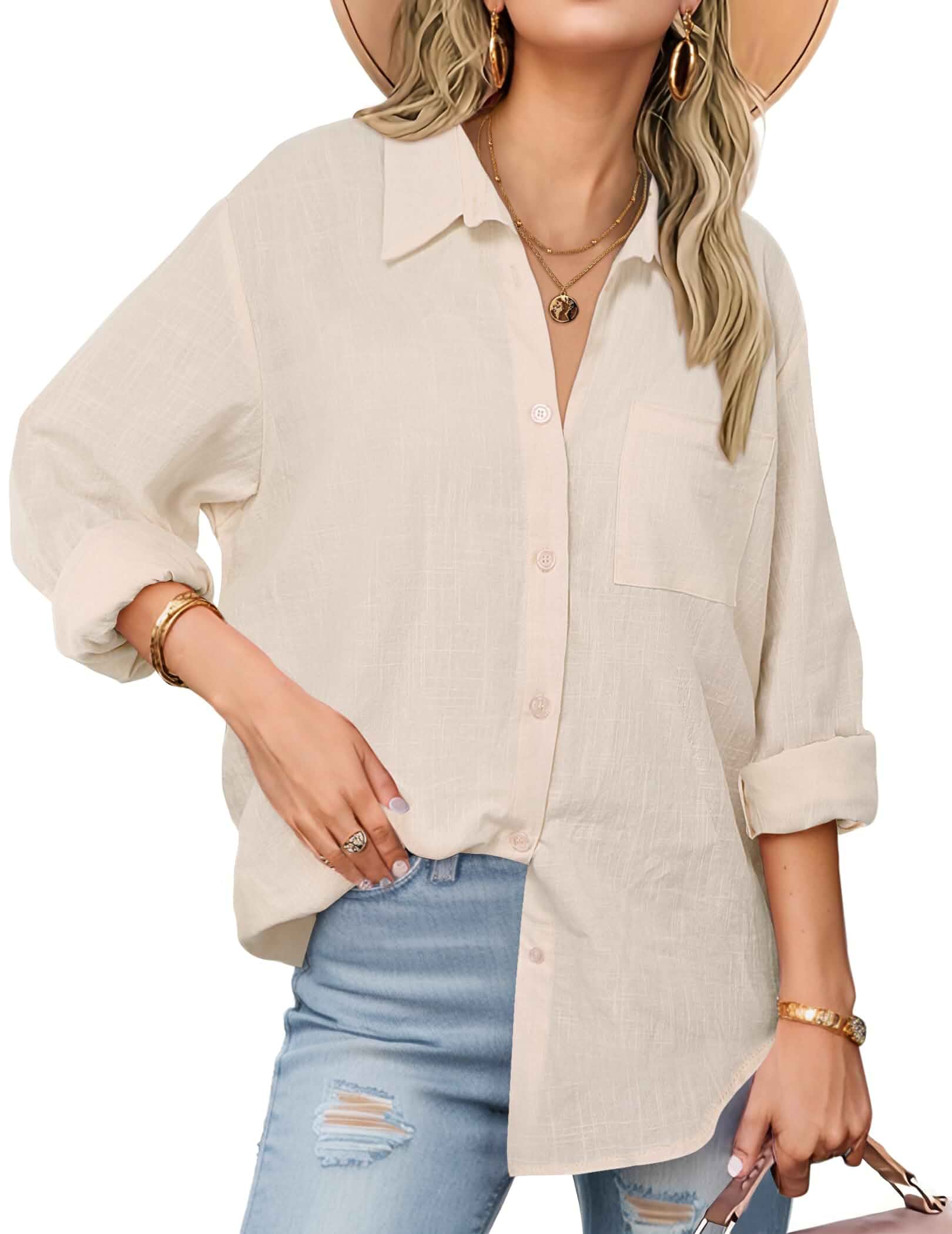Zeagoo Womens Button Down Shirts Long Sleeve Casual Cotton Gauze Tops Casual Collared Blouses Loose Fit Beach Vacation Outfits