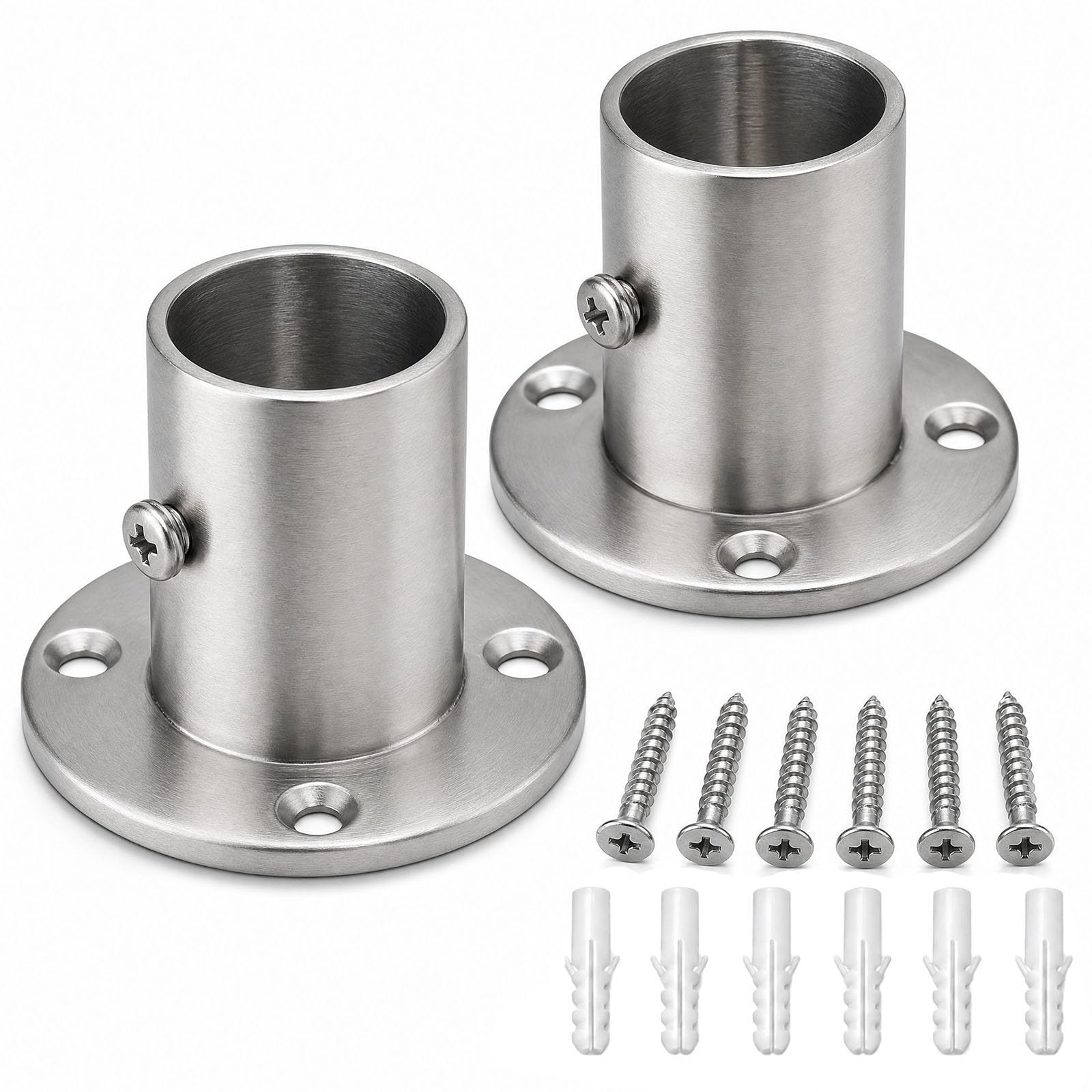 FortWeal 19mm Raised Base Pole Support, Heavy Duty Curtain Pole Holder with Flange Socket, Stainless Steel Silver Rail Bracket for Wardrobes, Bedrooms & Bathrooms, 2-Pack — image 1