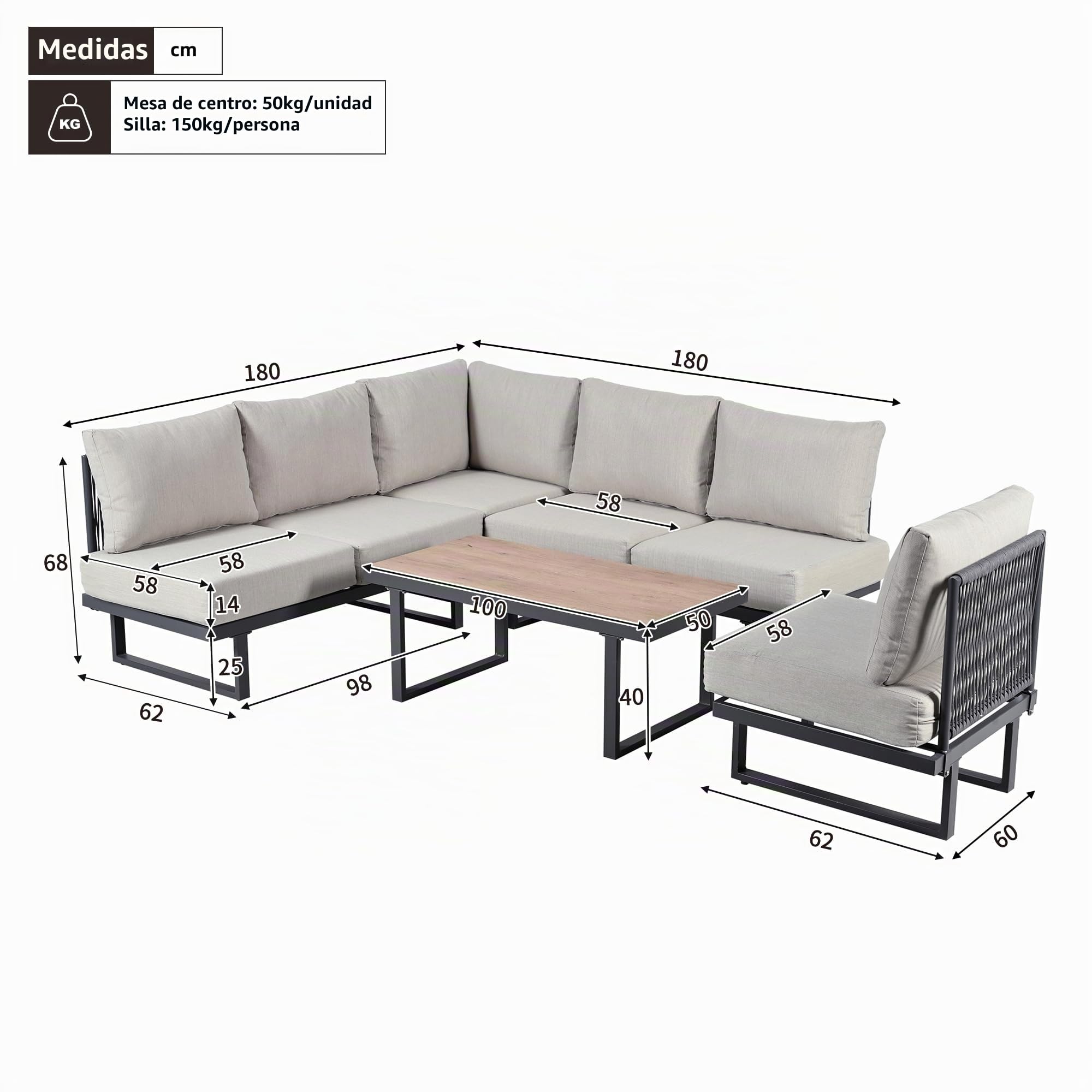 TIZZ Juego de muebles de jardín, sillones de jardín, sofá esquinero, cama relax al aire libre, mesa de café, se puede convertir en una cama reclinable, acero galvanizado, gris