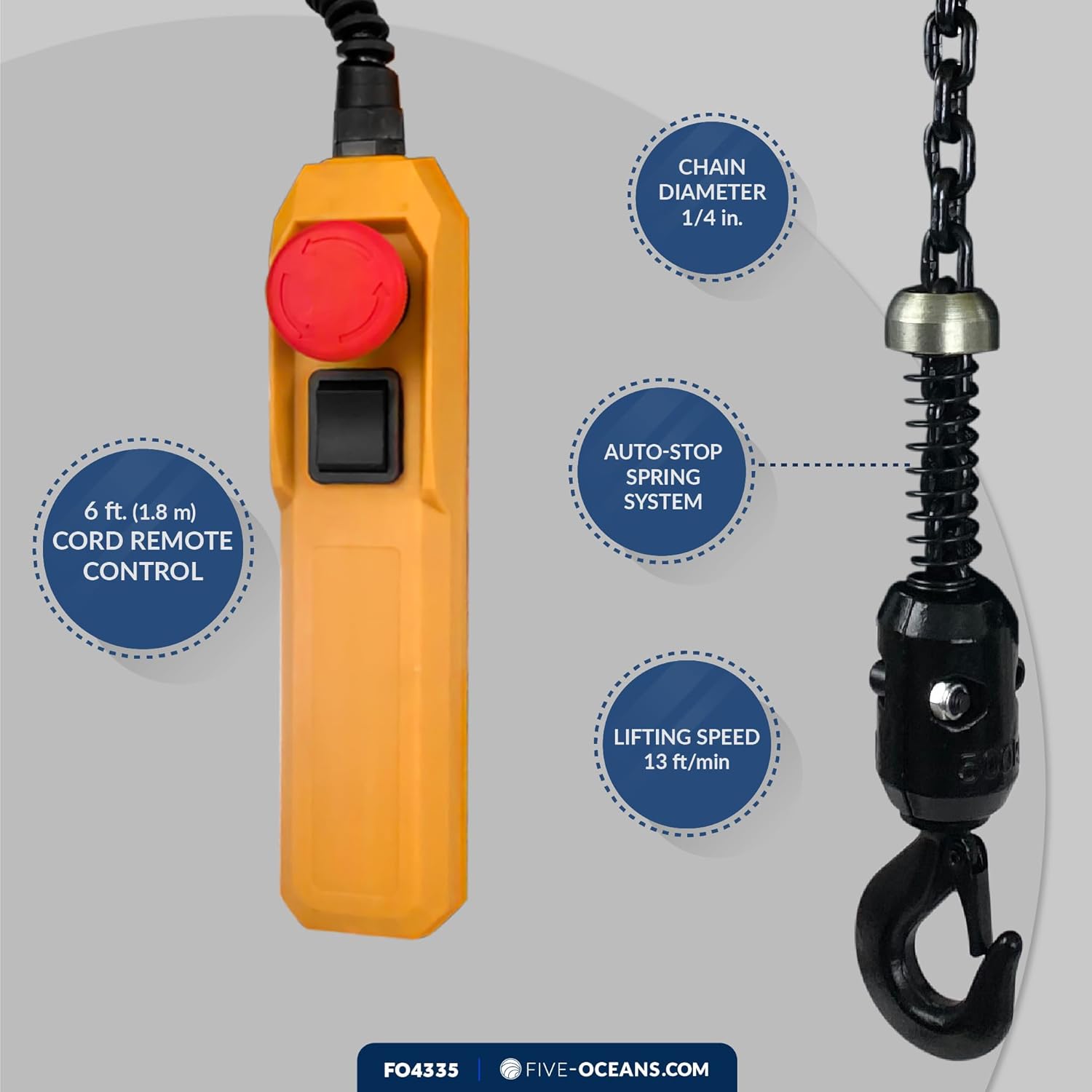 Five Oceans FO4335 1100LBS / 500KG Electric Chain Hoist Single Phase Overhead Crane Garage Ceiling Pulley Winch Hook Mount w/6 FT Remote Control, 120 V / 60HZ
