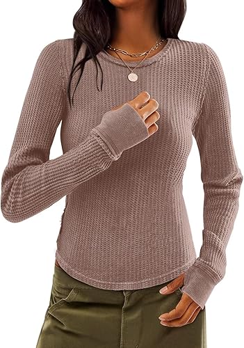 Micticsi Camisetas térmicas de manga larga para mujer, de punto gofre, cuello redondo, camisetas de otoño e invierno
