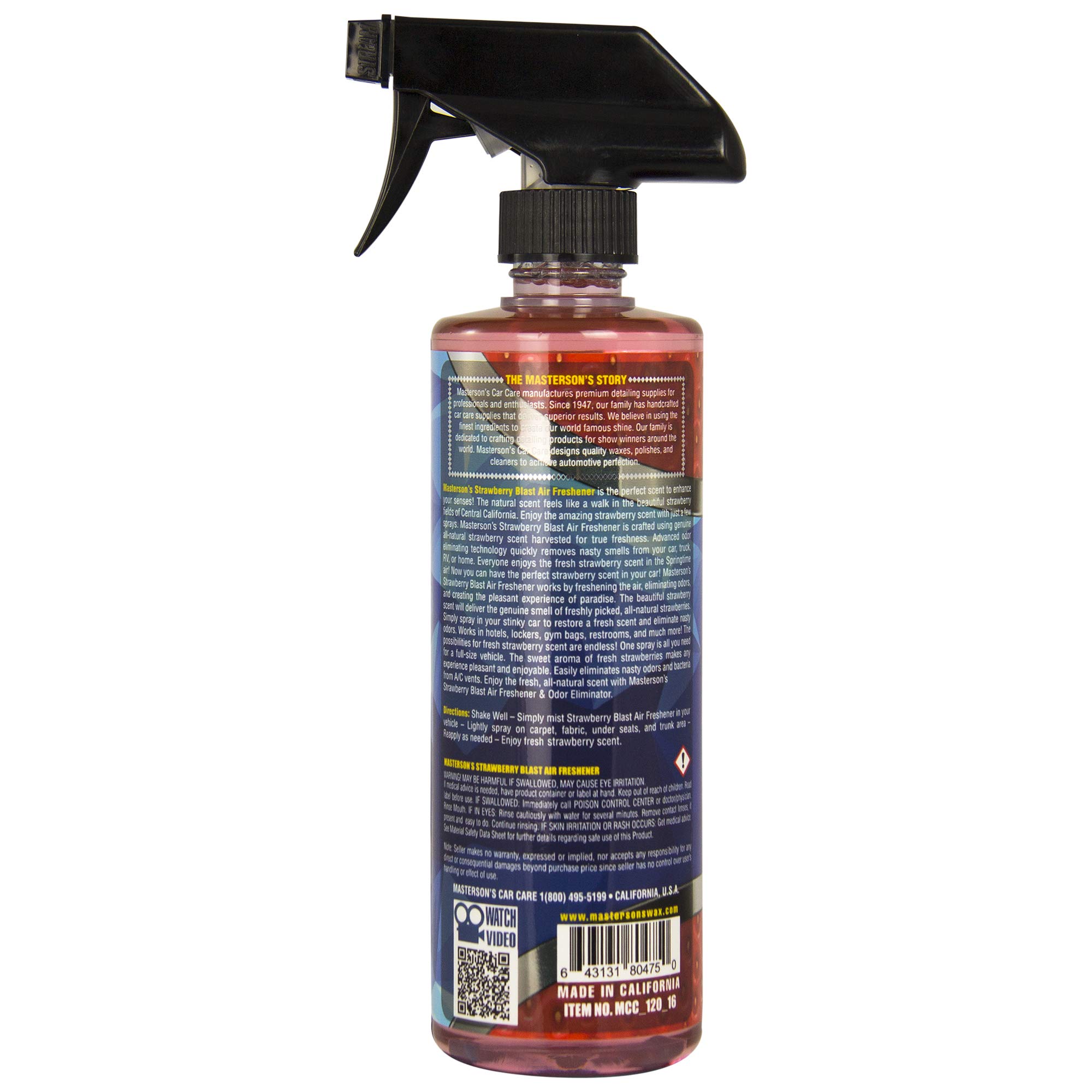 Masterson's Car Care MCC_120_16 Strawberry Blast Air Freshener - Premium Sprayable Scent For Cars, Trucks, RVs, Restroom Hotels, Home, and Office - Removed Pet, Smoke, Food Odors (16 oz)