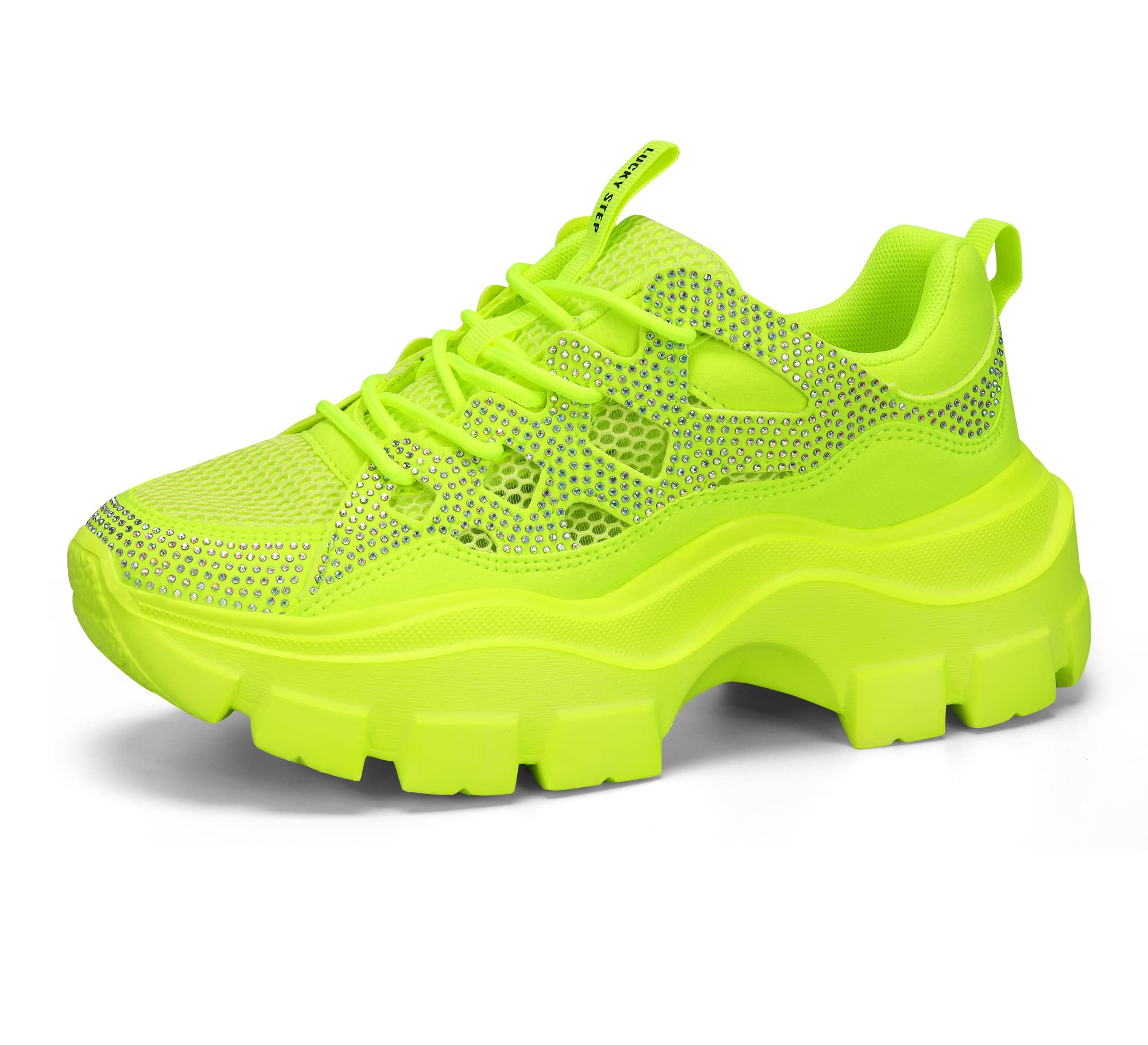LUCKY STEP Women Chunky Platform Dad Colorblock White Neon Green Fuchsia Hologram Silver Casual Lace-Up Walking Sneakers