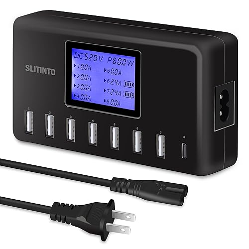 USB Charger, slitinto 60W 12A 8-Port USB Charging Station Multi Port USB Hub Charger Compact Size LCD Display Compatible with iPhone iPad Samsung Kindle Tablet Bluetooth Earbuds and More - Black - 60W