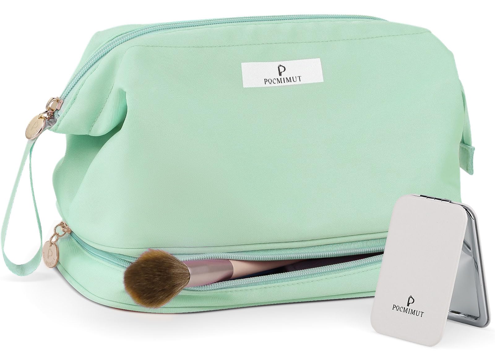 Pocmimut Makeup Bag,Large Wide-Open Travel Cosmetic Bags for Women,Double Layer Toiletry Bag Organizer for Accessories Brushes with Handle,Mint Green