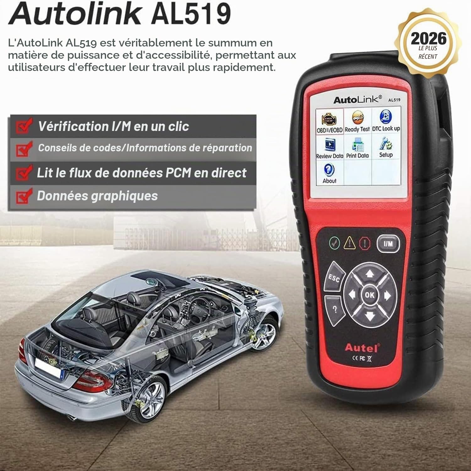 Autel AutoLink AL519 Scanner OBD2 Moteur Vérification Amélioré en Mode 6 Lecteur Codes, Outil Diagnostic Voiture Universel avec Vérification du Smog en Un Clic, Version Améliorée d'AL319
