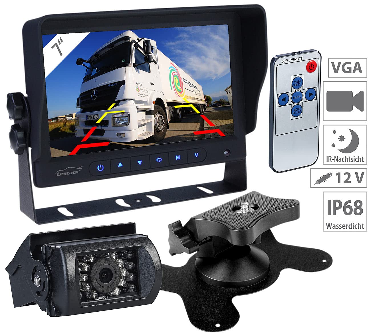 Lescars cámara Marcha atrás para Autocaravana: Conjunto de cámara de Marcha atrás, Pantalla HD a Color de 17,78 cm (7"), Botones táctiles iluminados (Instalar reversa en camión)