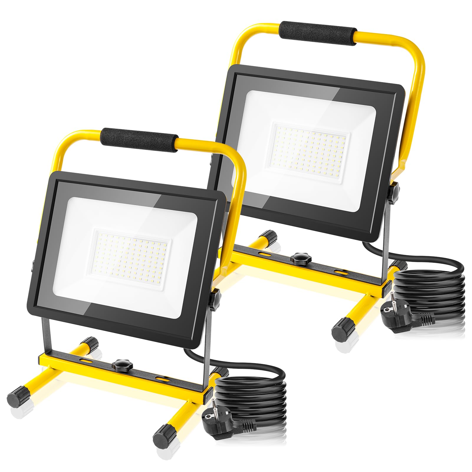 Reflektor budowlany LED, 2 sztuki, 100 W, 10000 lm, 6500 K, zimna biel, lampa na plac budowy z wtyczką, IP66, wodoszczelny reflektor LED, kabel 3 m, reflektor roboczy do warsztatu, na plac budowy