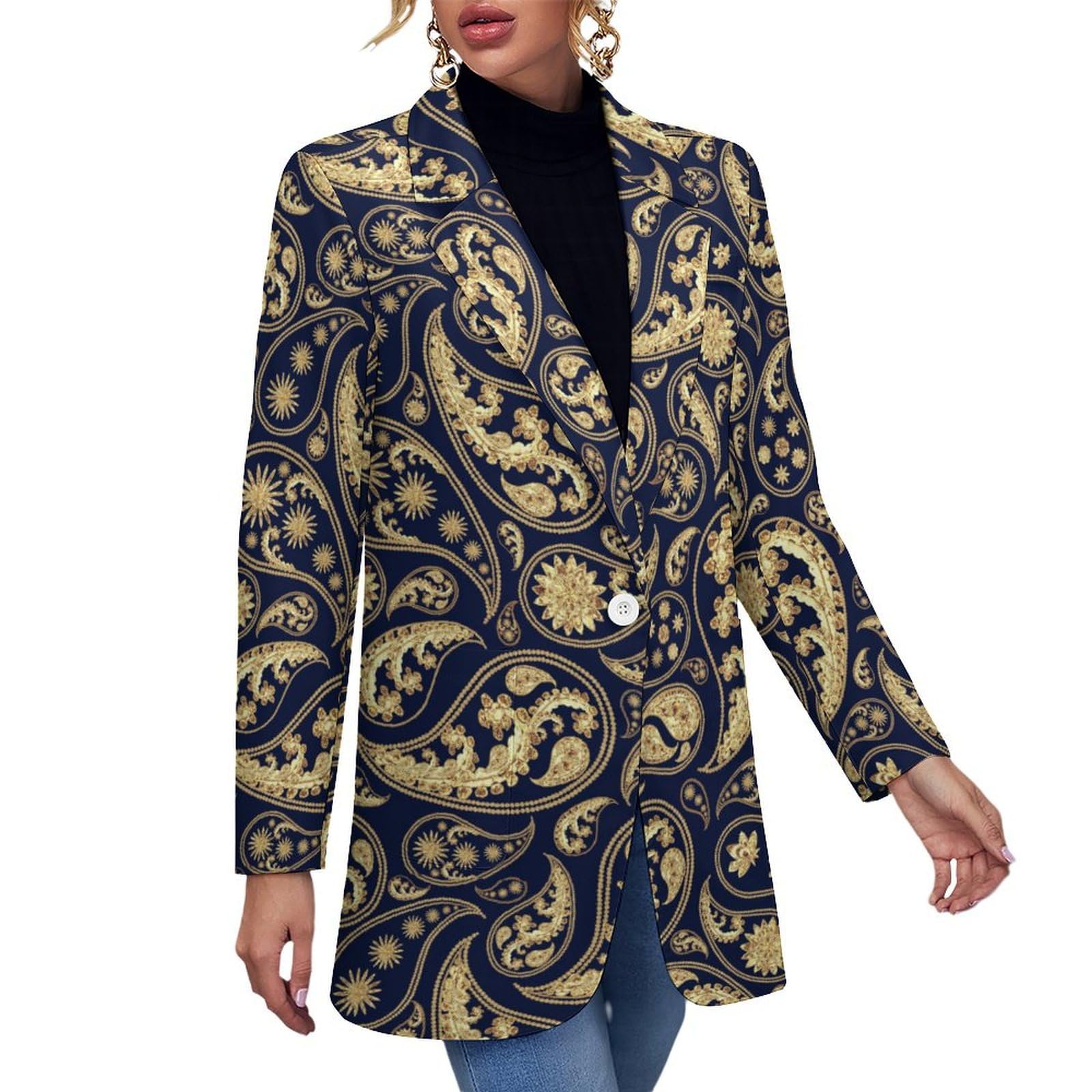 Gold and Deep Blue Paisley Womens Casual Printed Blazer Cardigan Long Sleeve Jacket Blazer