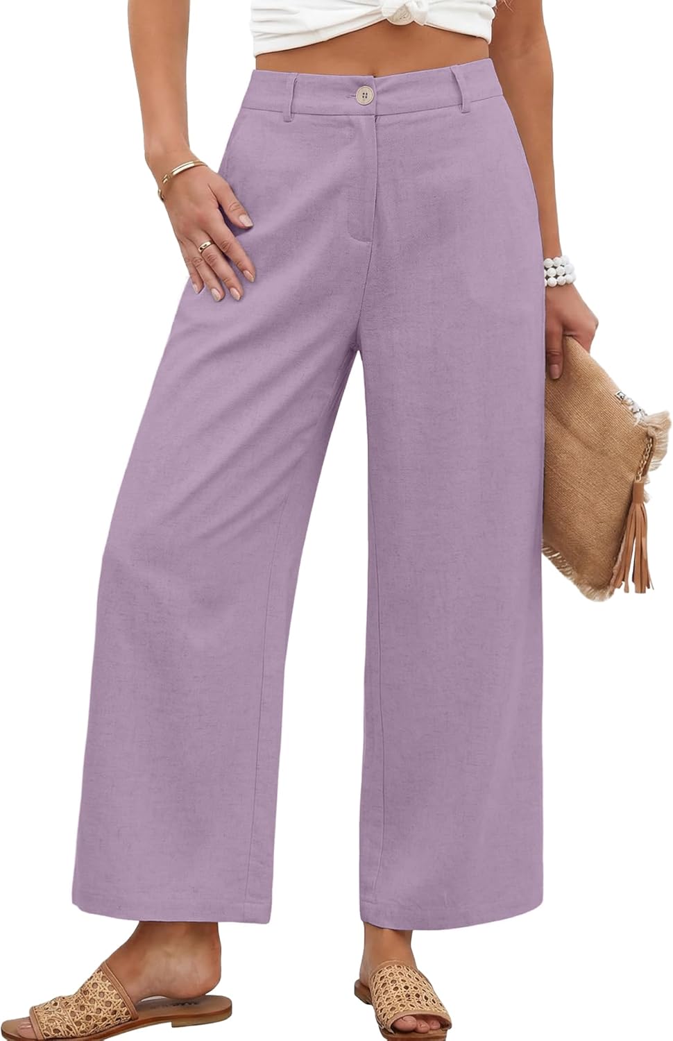 Womens Linen Wide Leg Pants Casual Zipper Front Summer Cropped Trousers Dressy Pants with Pockets Purple