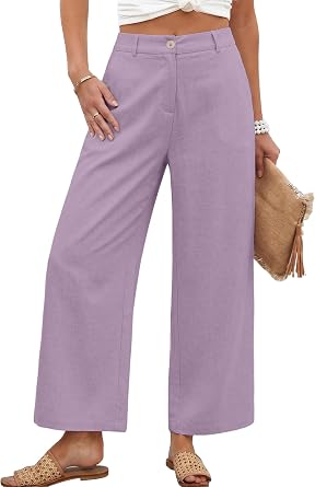 KICZOY Womens Linen Wide Leg Pants Casual Zipper Front Summer Cropped Trousers Dressy Pants with Pockets Purple