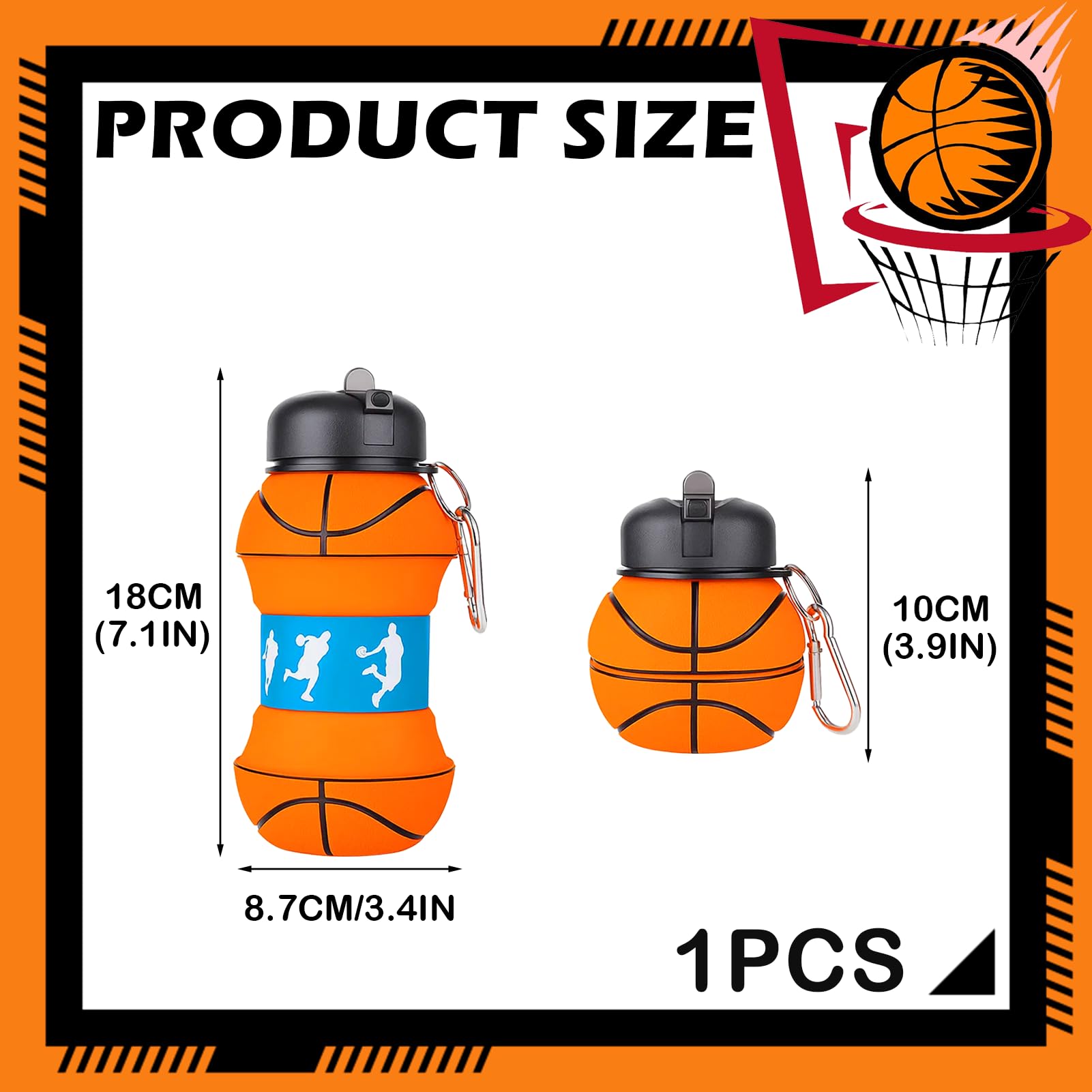 Botella de Agua Plegable de Baloncesto - Botella de Silicona sin BPA, 550ml, Ideal para Deporte y Viaje, Diseño Compacto y Reutilizable (Naranja)