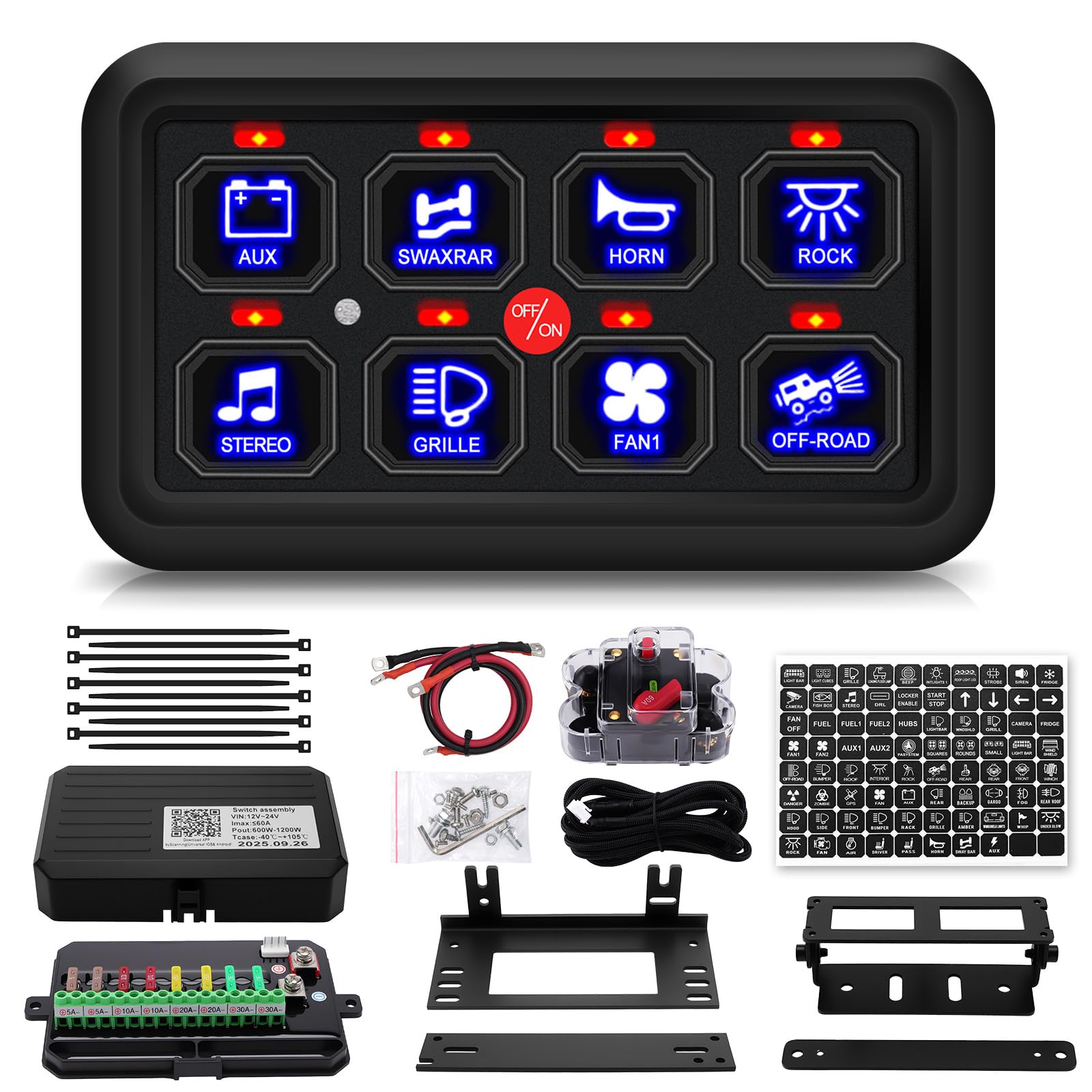 Pannello di commutazione a 8 vie, pannello di commutazione marino, pannello di comando degli interruttori 12V/24V con 7 colori 60A, 600W/12V, 1200W/24V, per auto, camion, barca, jeep, yacht
