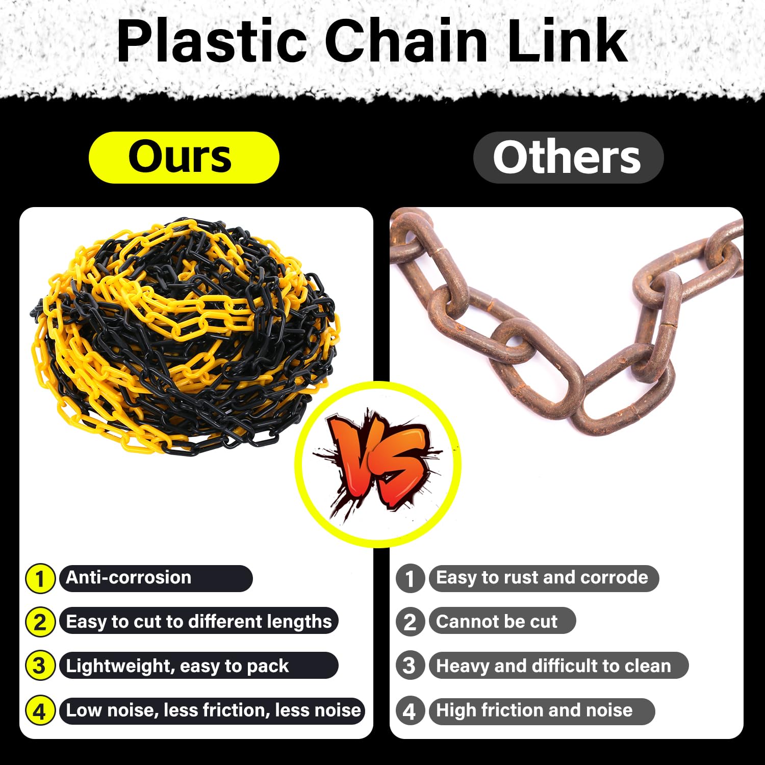 Chaîne de signalisation de 30,5 m en plastique, chaîne de sécurité noire/jaune, chaînes de signalisation pour la sécurité d'avertissement, contrôle des foules, circulation, file d'attente