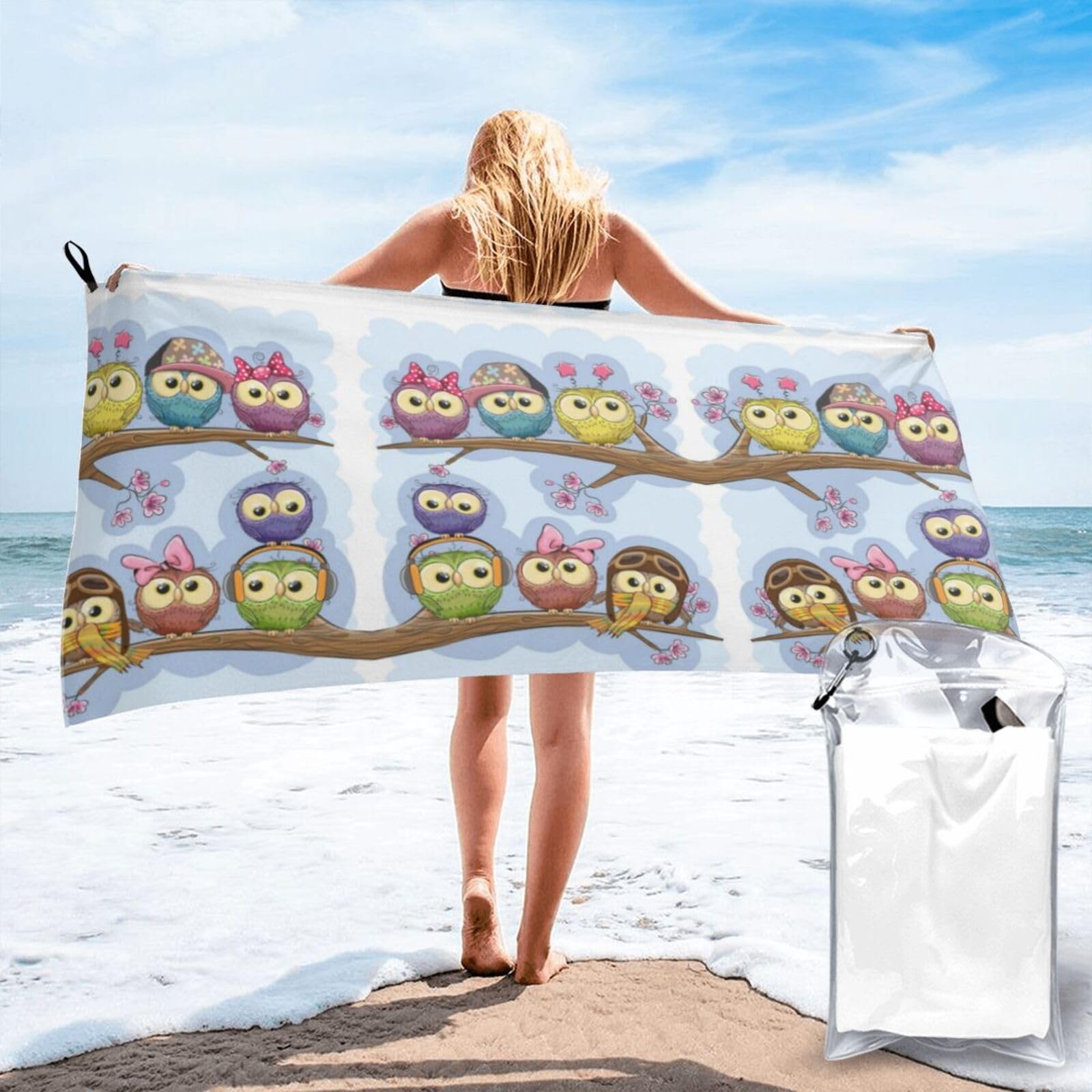 Serviette de bain motif hiboux idéale pour vos sorties de plage et séances de gym