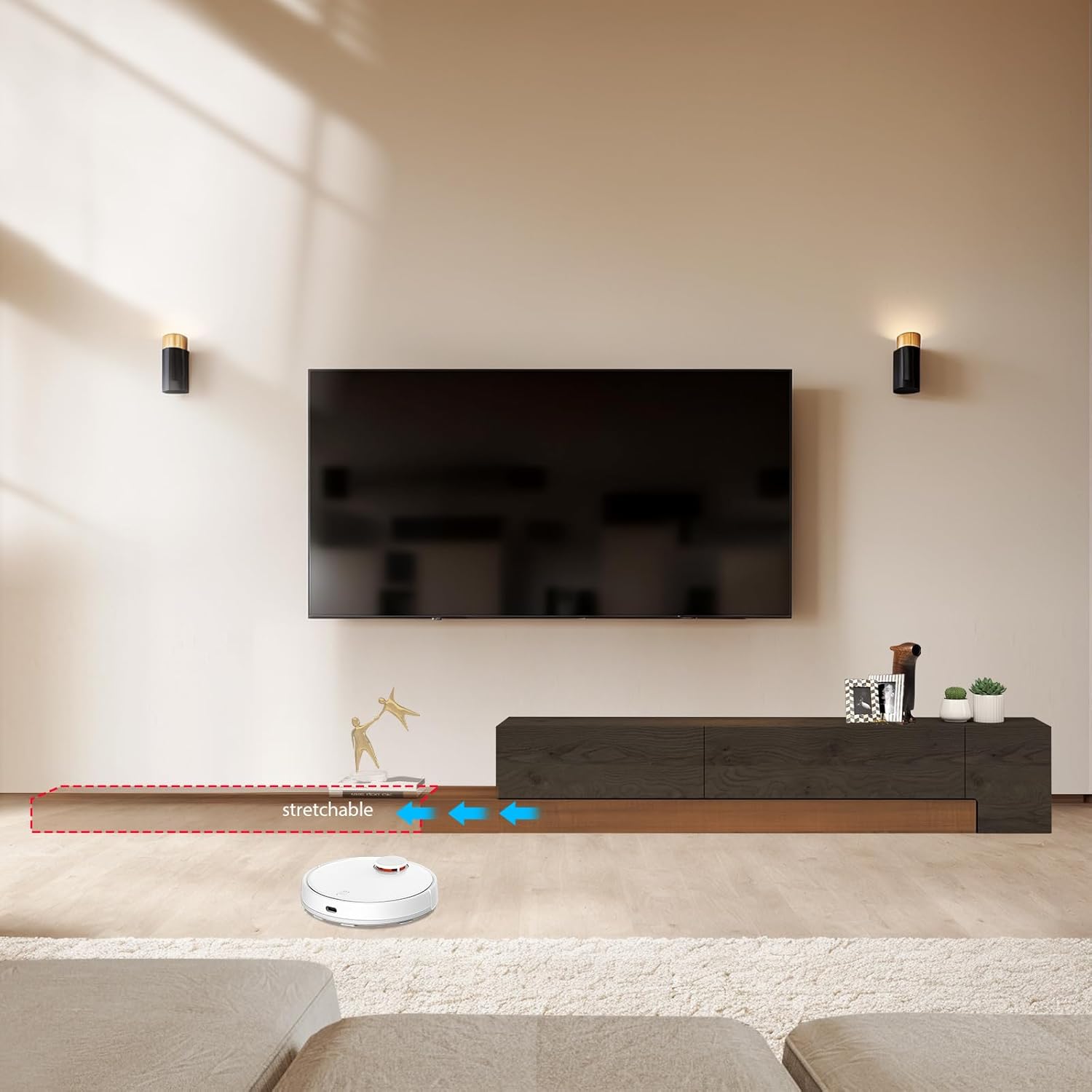 Retractable TV Stand, Solid Wood Minimalist TV Shelf, Mid-Century TV Console with 1 Door & 2 Drawers, Adjustable 71'' to 122'' Entertainment Media Console Center Large Storage Under TV