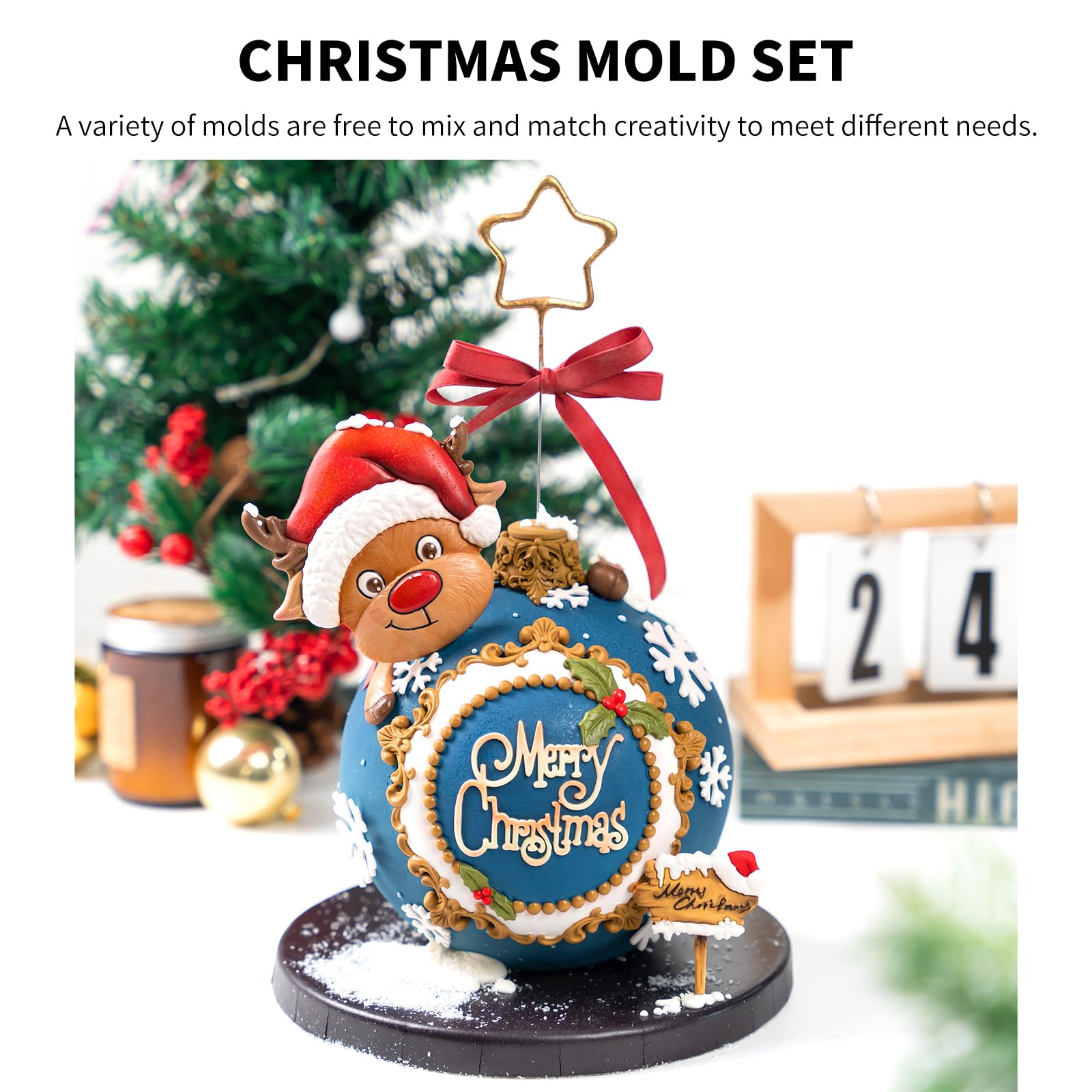 KALAIEN Juego de moldes de fondant de Navidad, reno de Navidad, molde de caramelo de chocolate, hojas de acebo, molde de azúcar para hornear decoraciones de pasteles, 7 juegos