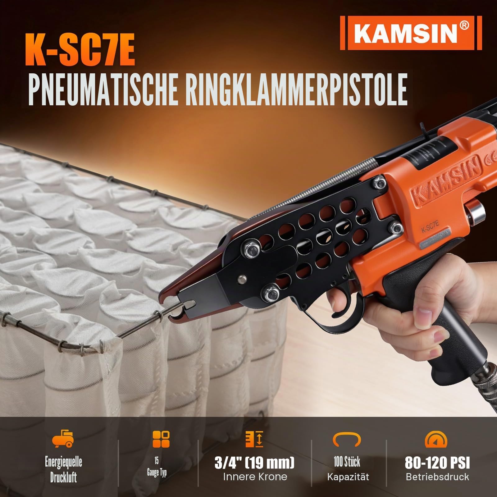 KAMSIN K-SC7E 15GA Pneumatische C Ring zange, 19 mm Krone 7,0 mm Verschluss Schweinering-zange für Gabionen, Zäune, Tierkäfige, Fallen und Befüllungsarbeiten