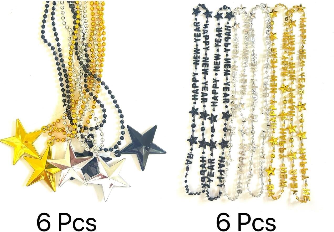 50 Pcs with 4 Styles Happy New Year Bead Necklaces Black Gold Silver New Year's Eve Jumbo Beads Necklaces New Year Party Decoration
