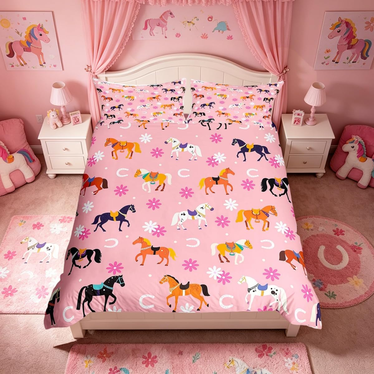 Homemissing Pink Flower Horse Duvet Cover Set Cot Size for Kids Boys Girls Cute Animal Horse Bedding Set Cowboy Horseshoe Duvet Cover with 1 Pillowcase Farm Animals Bedding — image 1